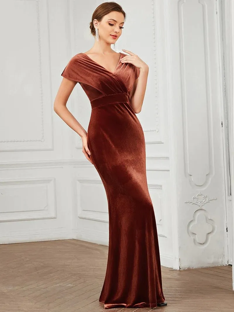 Deep V Neck A Line Evening Dresses with Short Sleeves