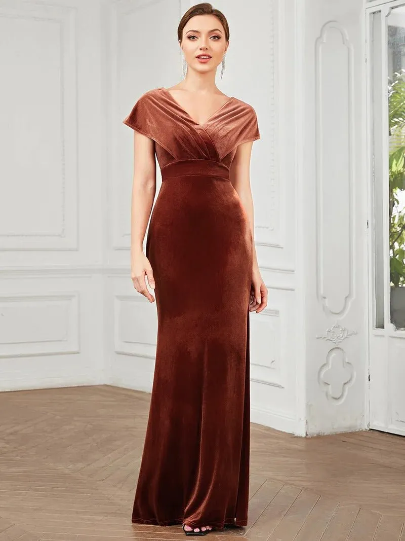 Deep V Neck A Line Evening Dresses with Short Sleeves