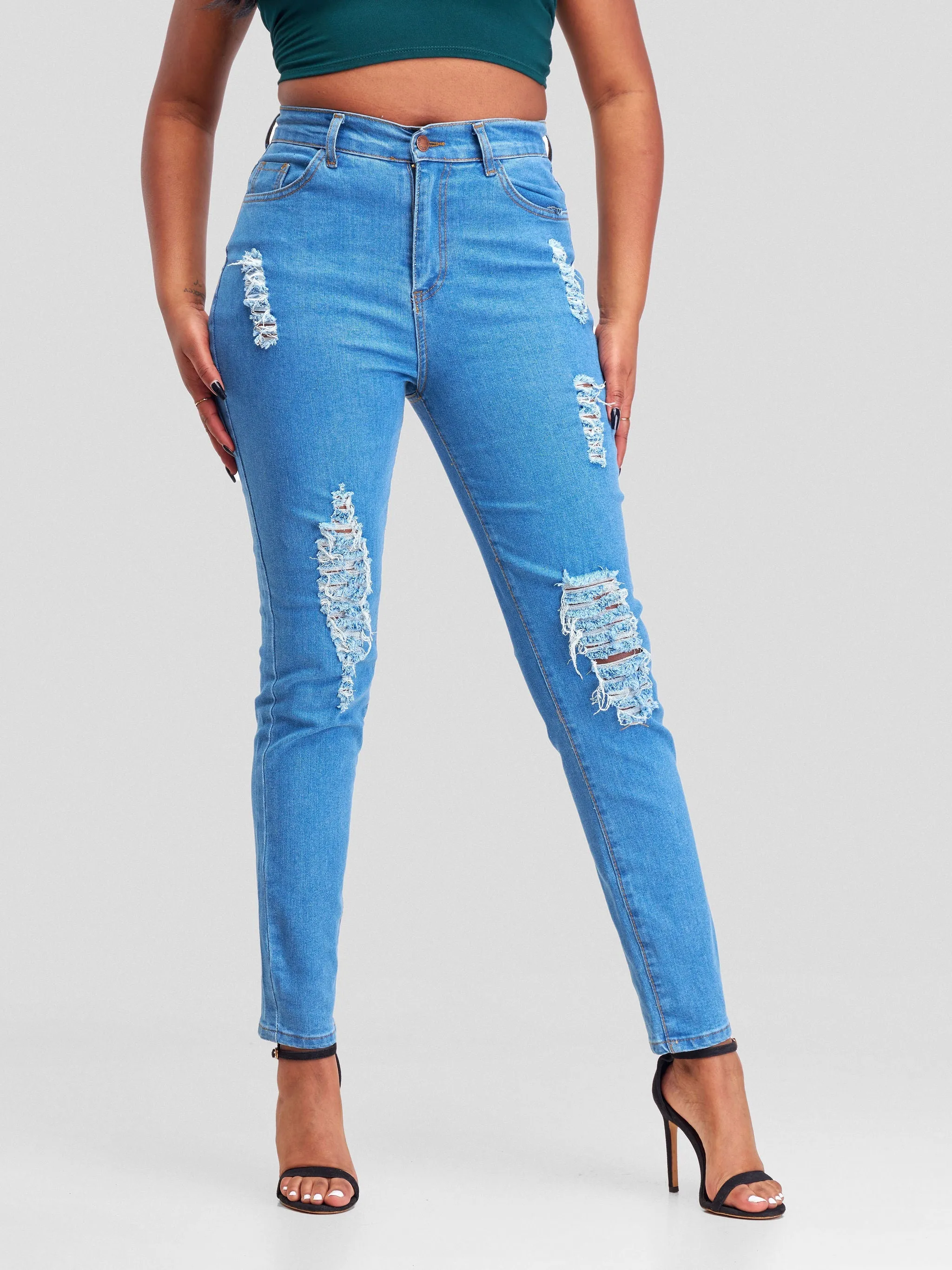 Denim Haven High Rise Skinny Ripped Jeans - Light Blue