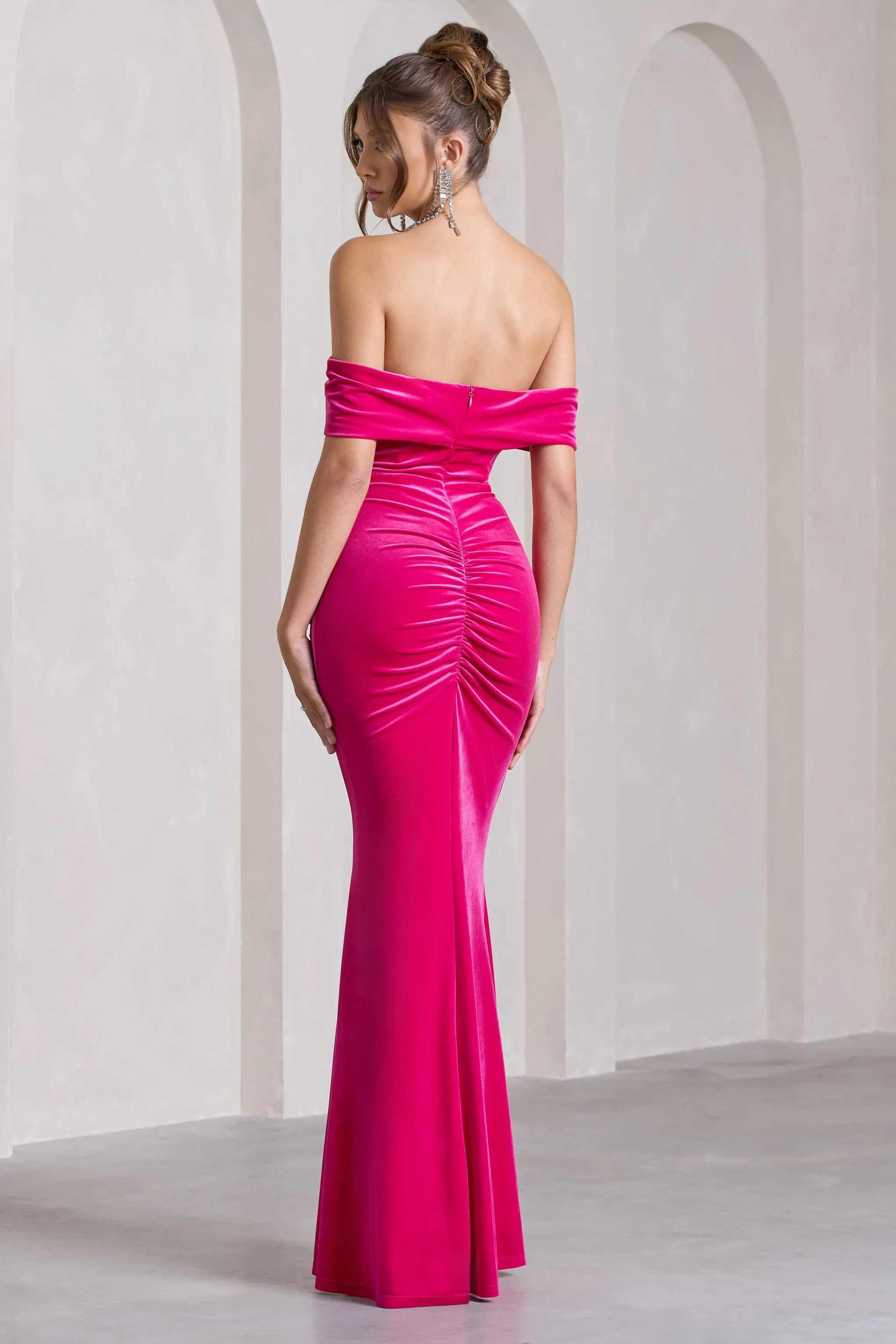 Divinity | Dark Pink Ruched Velvet Bardot Split Maxi Dress