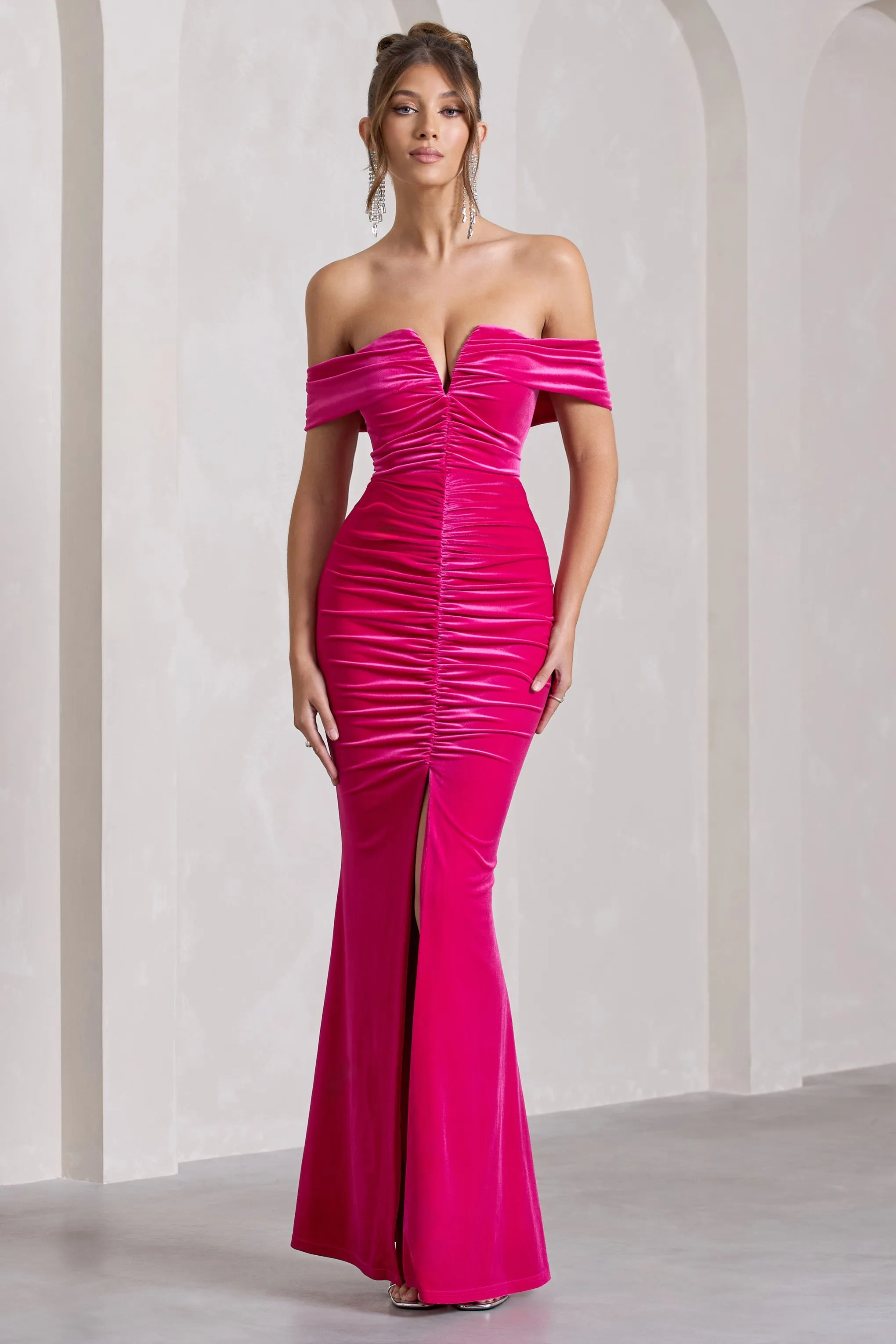 Divinity | Dark Pink Ruched Velvet Bardot Split Maxi Dress