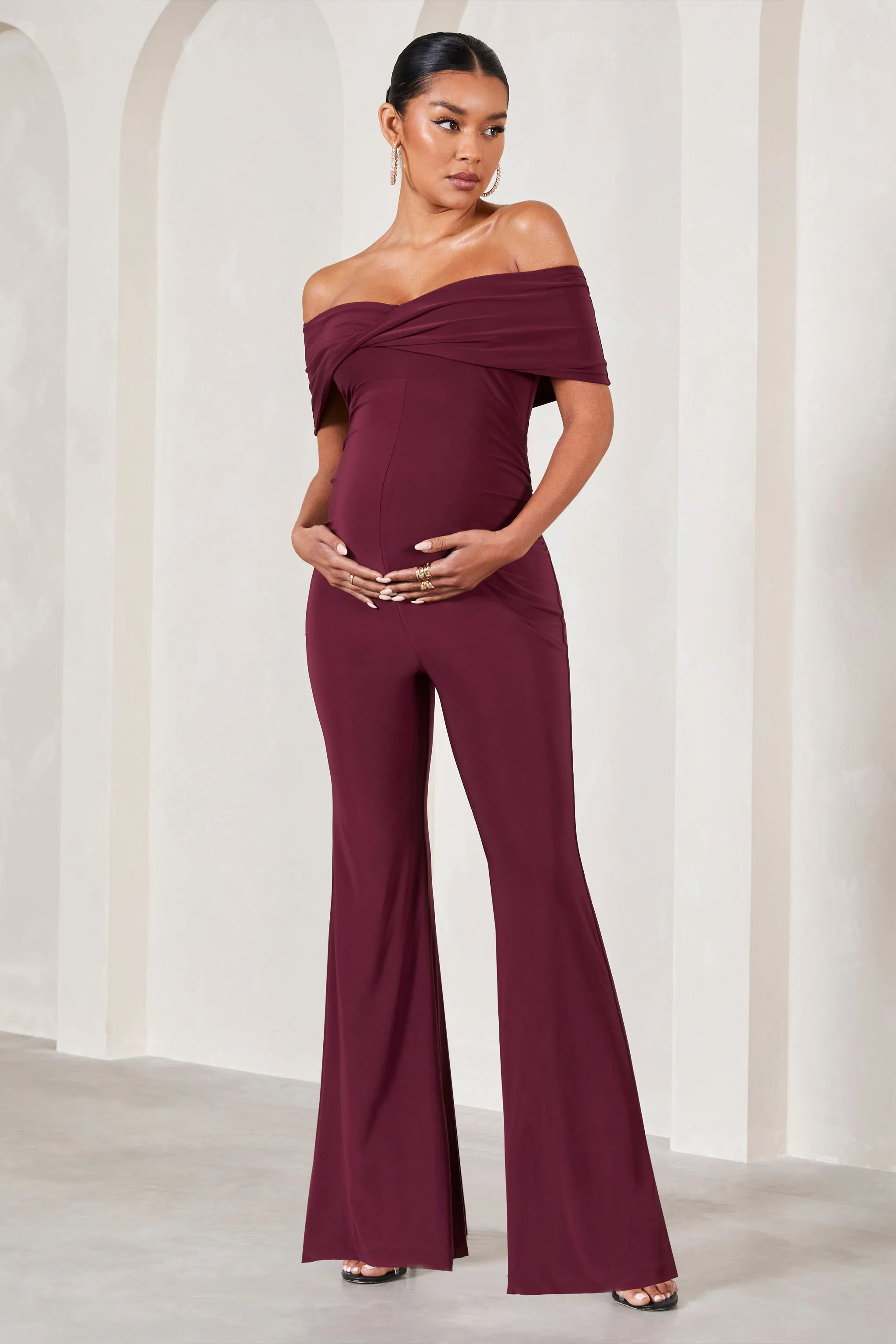 Elisa | Burgundy Bardot Flared-Leg Maternity Jumpsuit