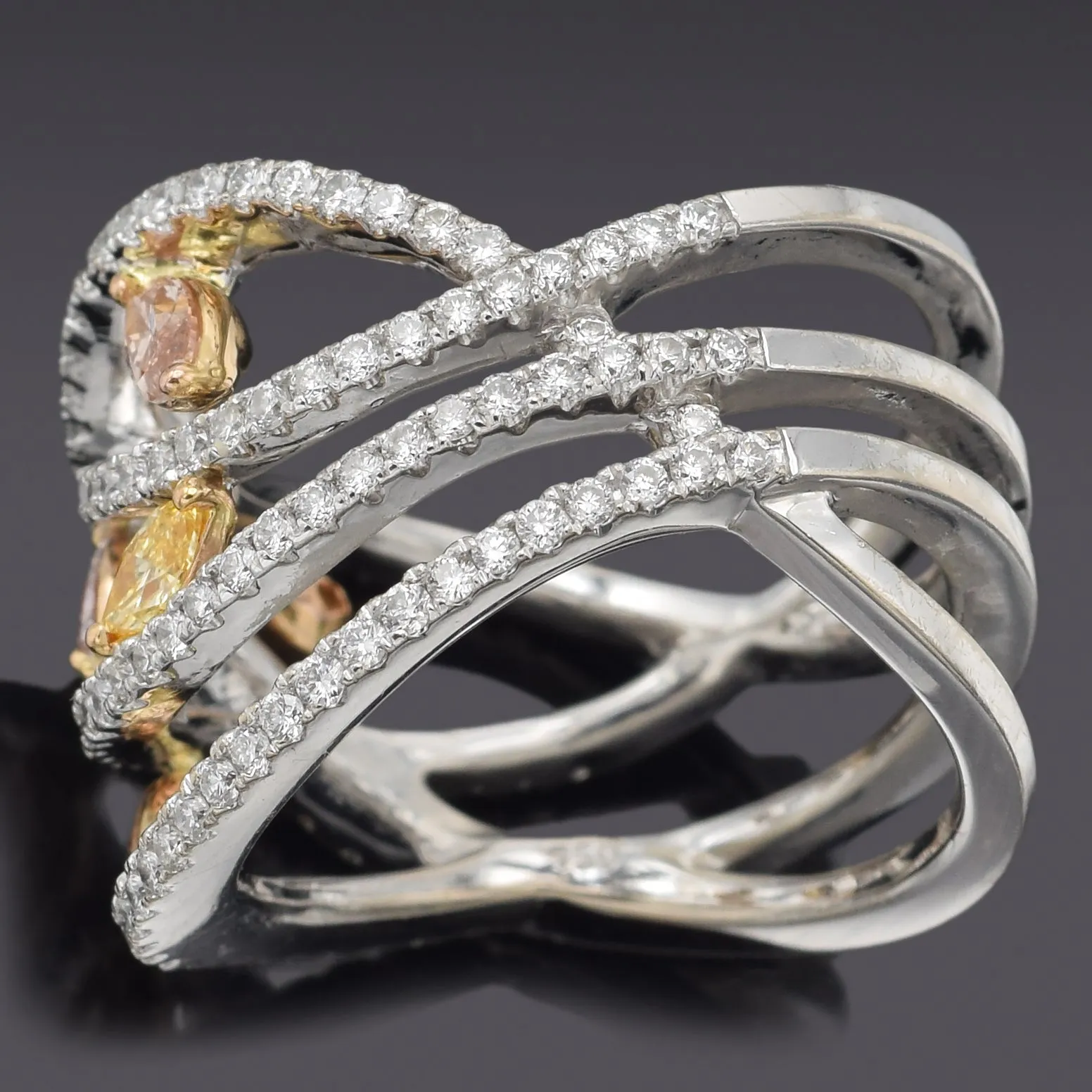 Estate 18K White Gold 1.98 TCW Canary, Pink & White Diamond Crossover Band Ring