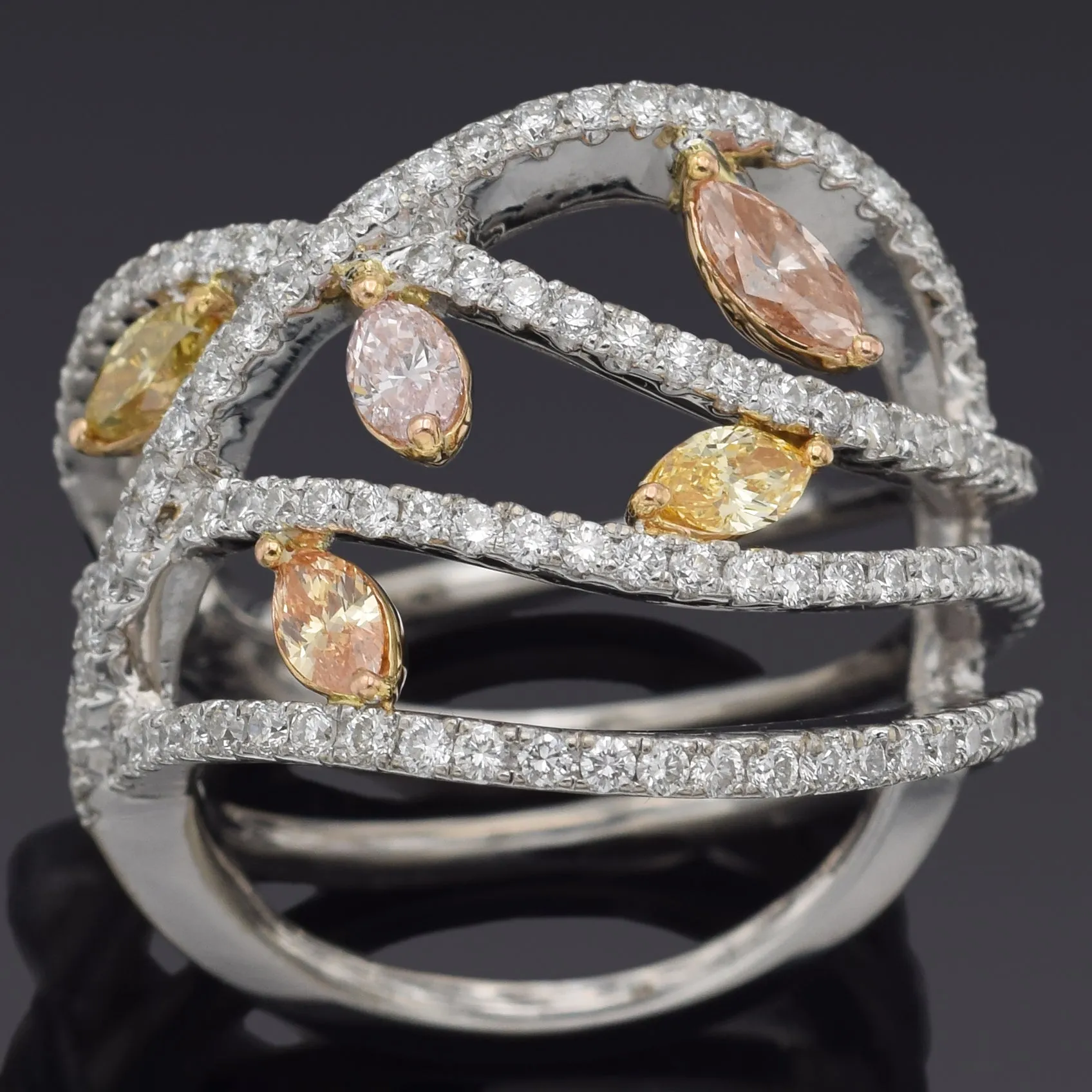 Estate 18K White Gold 1.98 TCW Canary, Pink & White Diamond Crossover Band Ring