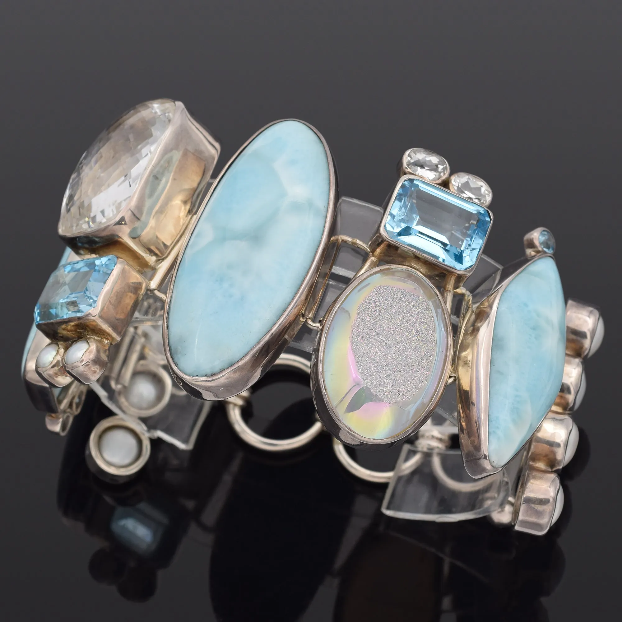 Estate Sterling Silver Multi-Gemstone Wide Toggle Bracelet