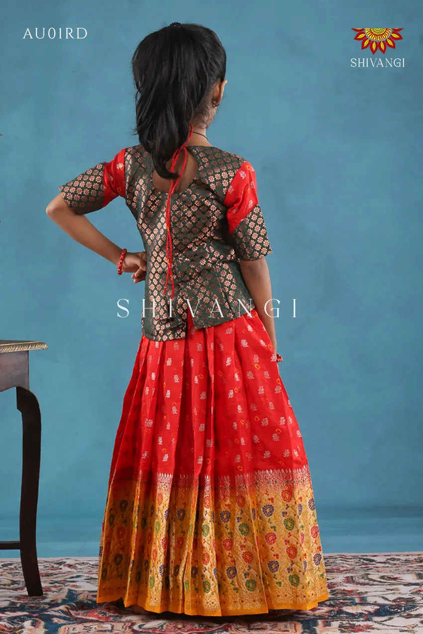 Festivel Collection - Red Floral Bandhini Pavadai Set For Kids !!!