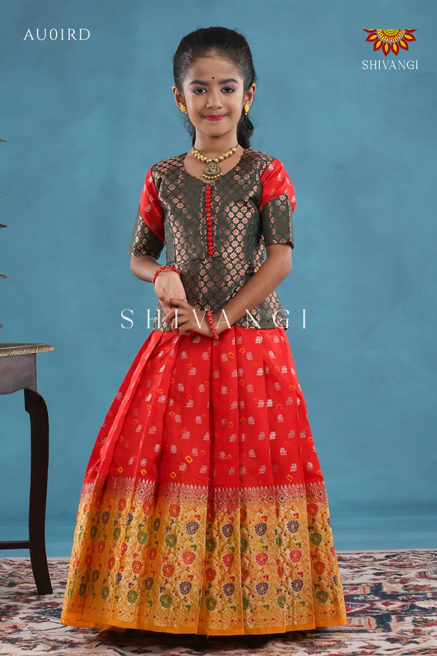 Festivel Collection - Red Floral Bandhini Pavadai Set For Kids !!!