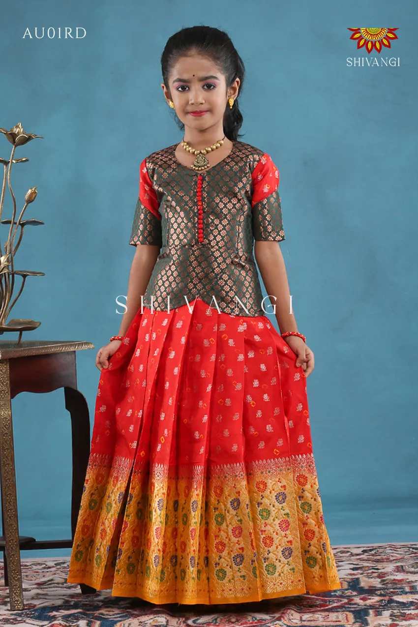 Festivel Collection - Red Floral Bandhini Pavadai Set For Kids !!!