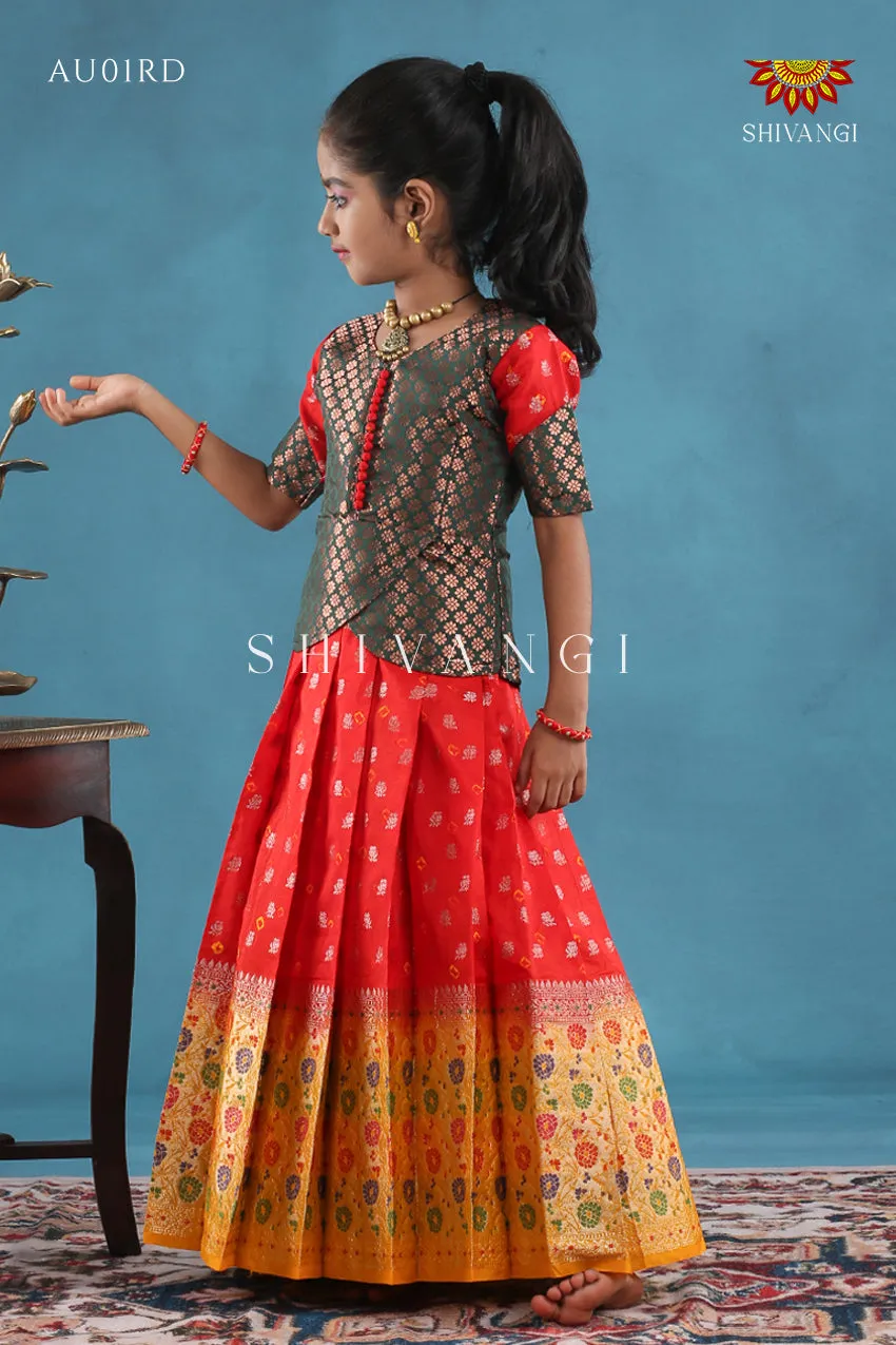 Festivel Collection - Red Floral Bandhini Pavadai Set For Kids !!!