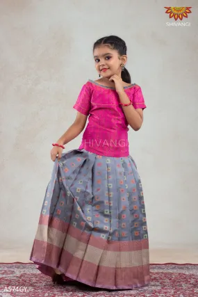 Girls Grey Copper Athangudi Pattu Pavadai | Langa