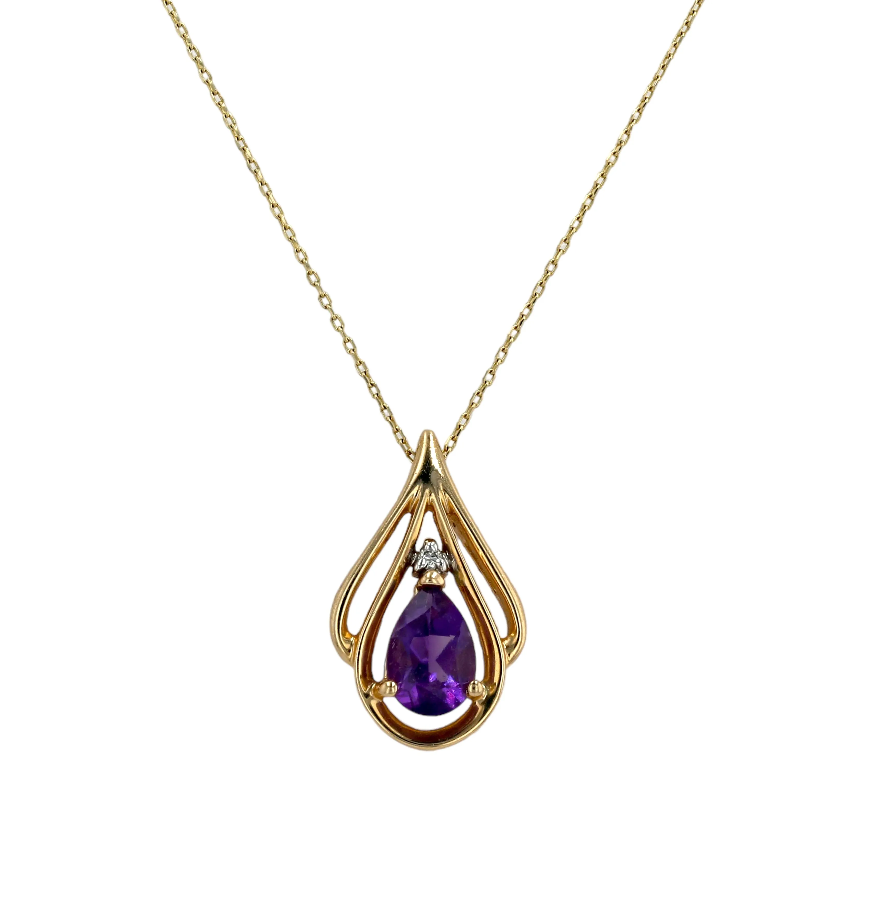 Gold 14k set tear drop amethyst pendant-4596