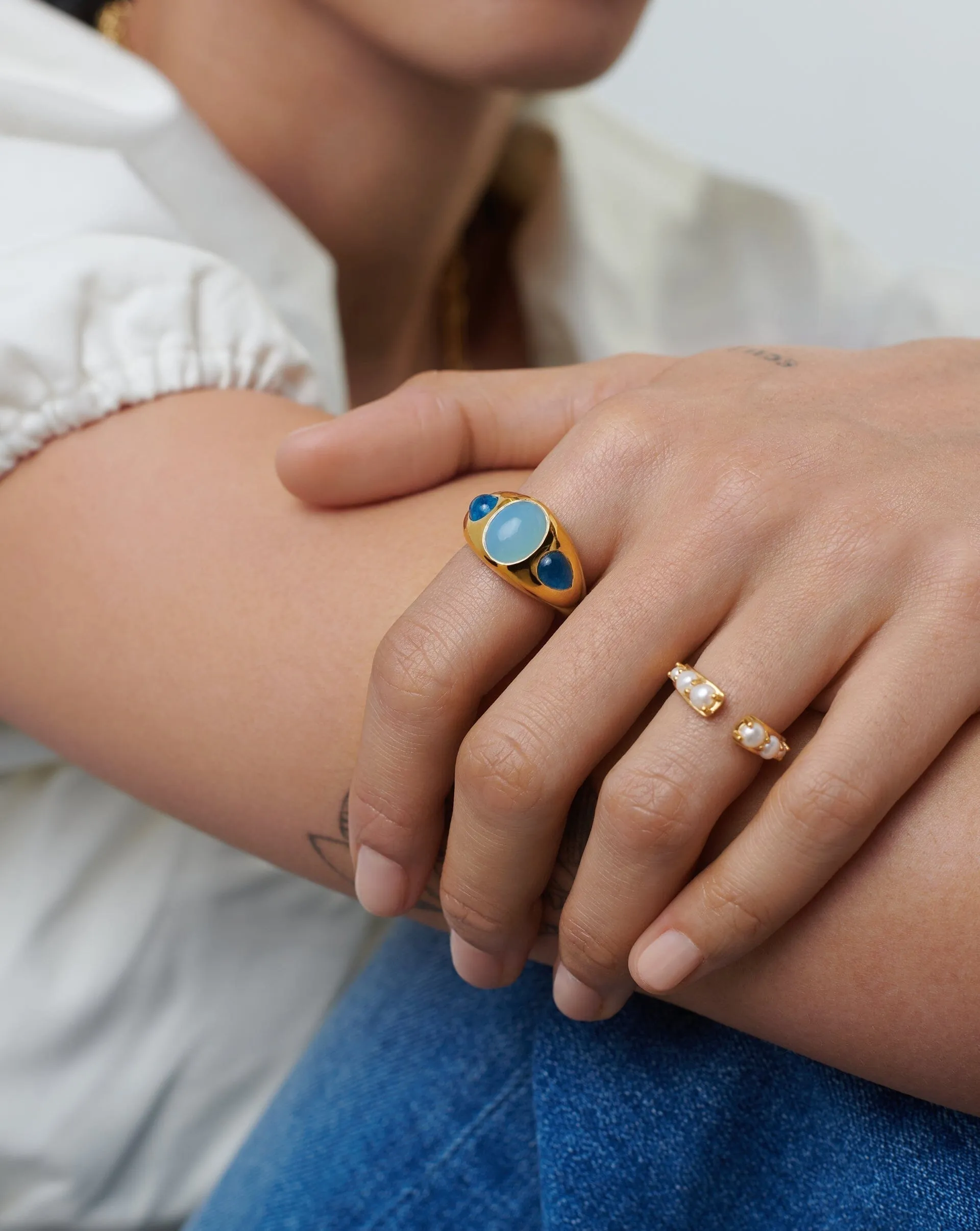 Good Vibes Triple Gemstone Dome Ring | 18ct Gold Plated/Blue Quartz & Aqua Chalcedony