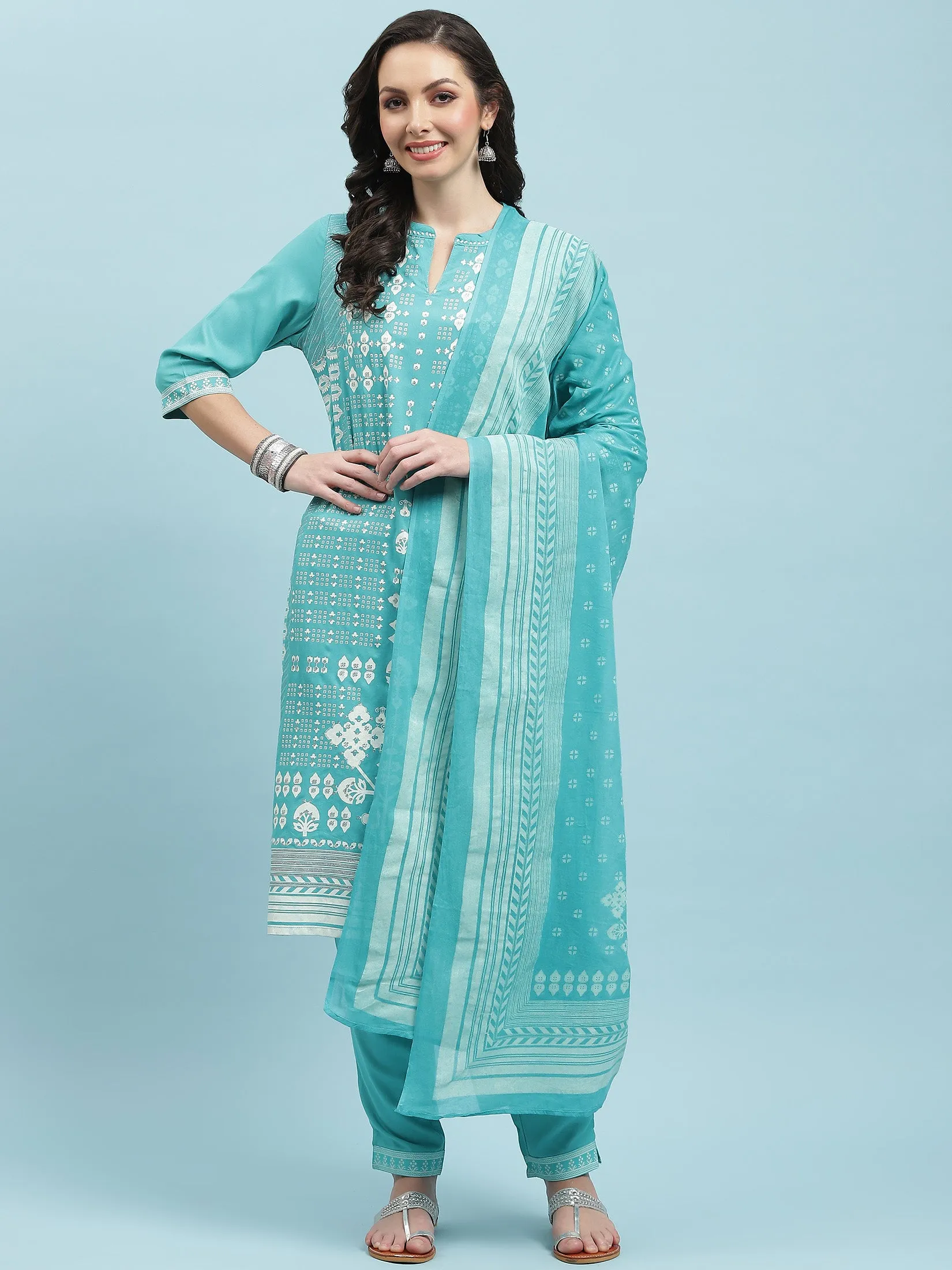 Indiessence Turquoise Blue Ornamental Printed Kurta Trouser Dupatta