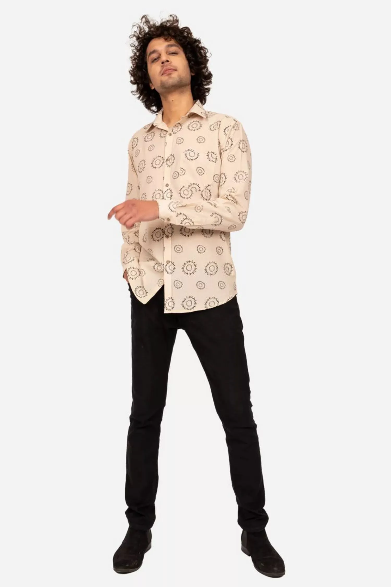 IVORY BLOCK PRINTED COTTON SHIRT