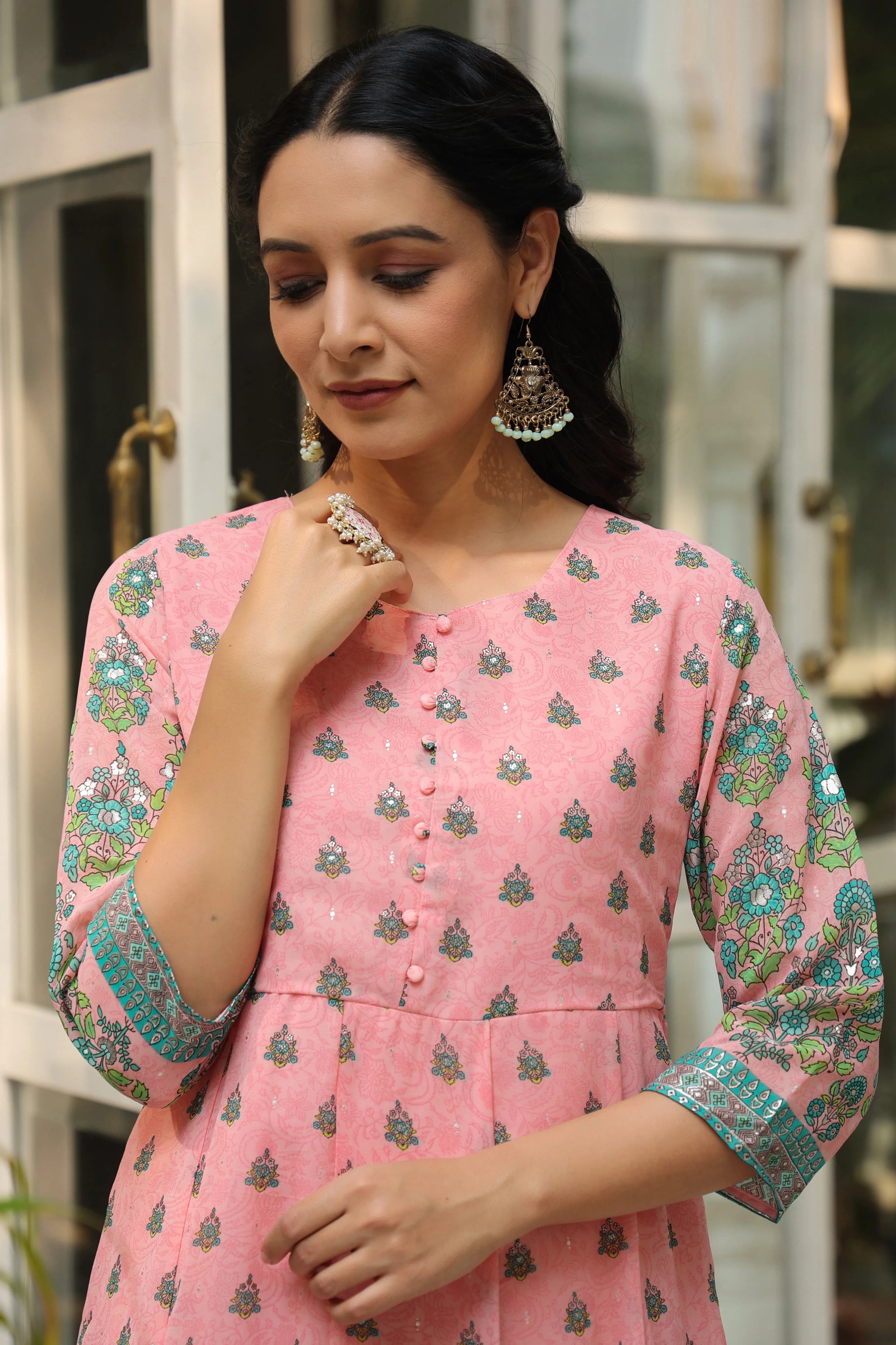 Juniper Pink Ethnic Motif Printed Georgette Anarkali Dress With Buttons