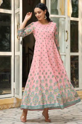 Juniper Pink Ethnic Motif Printed Georgette Anarkali Dress With Buttons