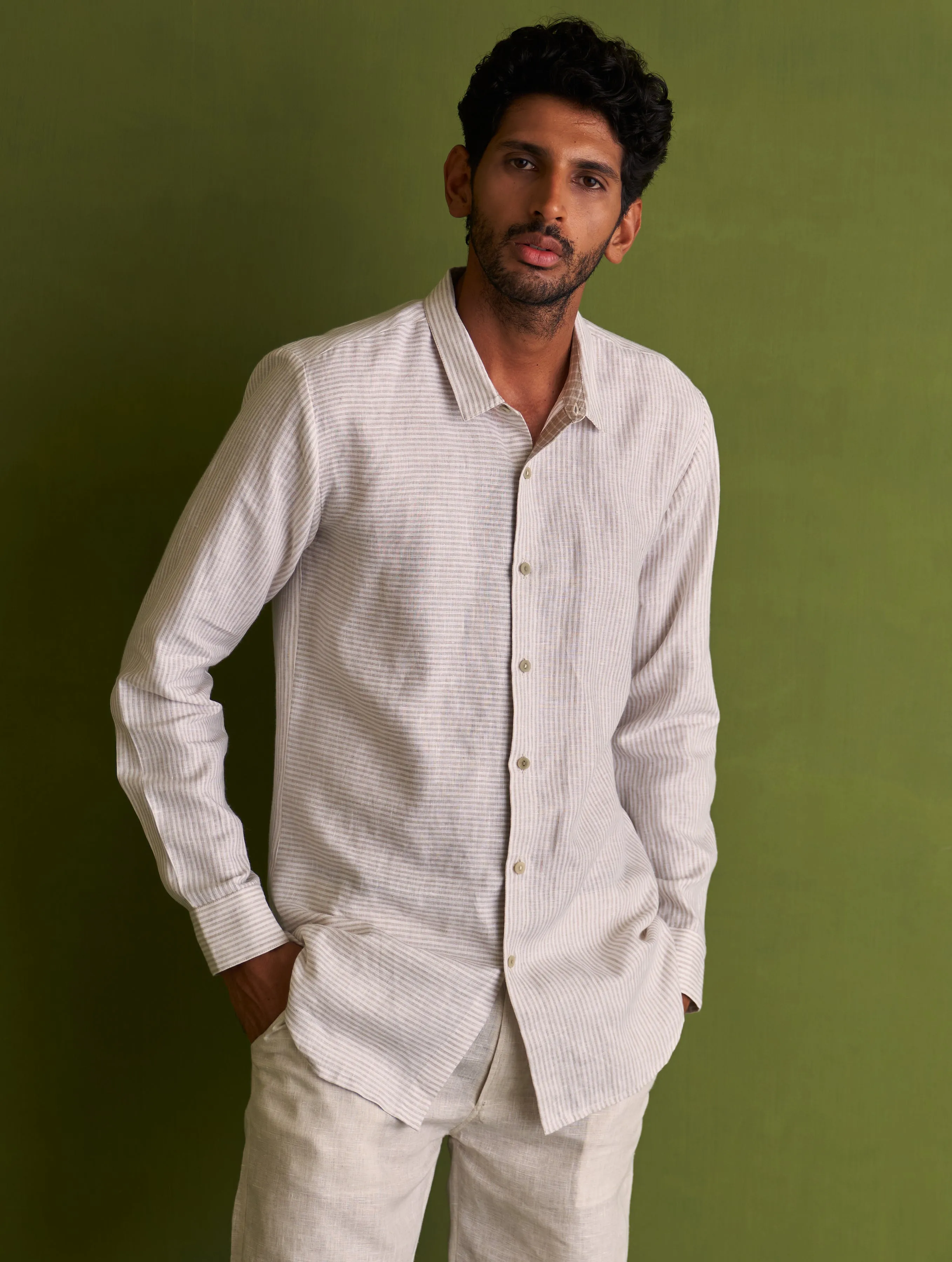 Kazumi Linen Shirt - Beige Stripe