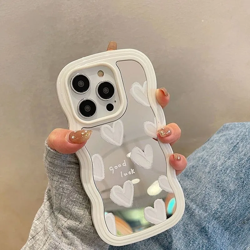 Korean White Heart Makeup Mirror Cute Phone Cases For iPhone 14 Pro Max 13 11 12 14 Plus XS X XR