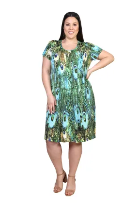 La Cera Plus Size Peacock Print Short Sleeve Dress