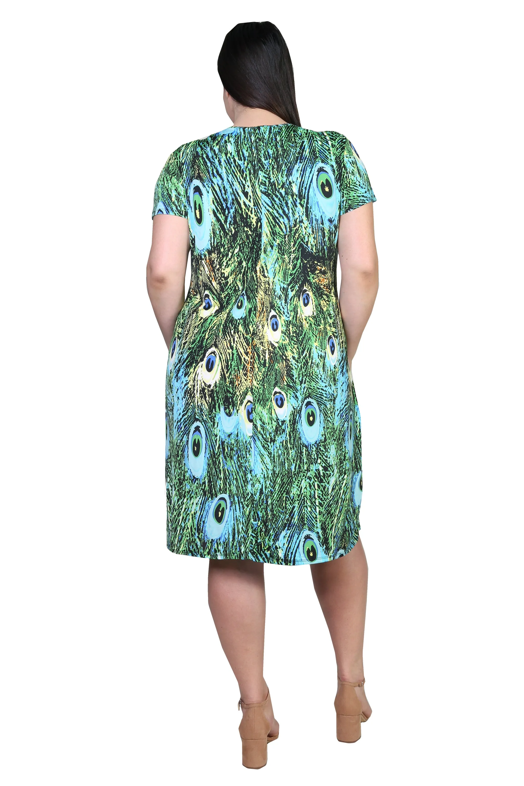 La Cera Plus Size Peacock Print Short Sleeve Dress