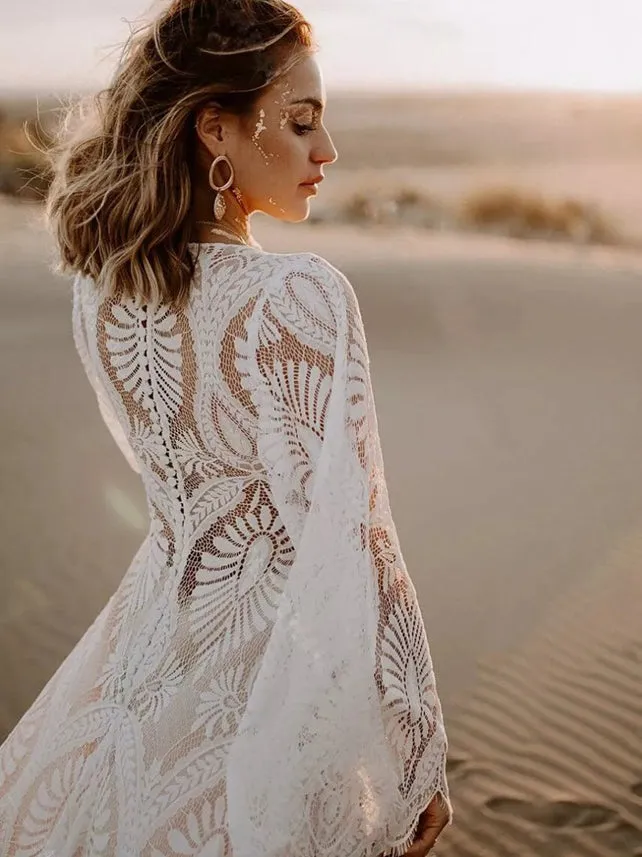 Lace Ivory Beach Wedding Dress Long Sleeve Bridal Dress FR005