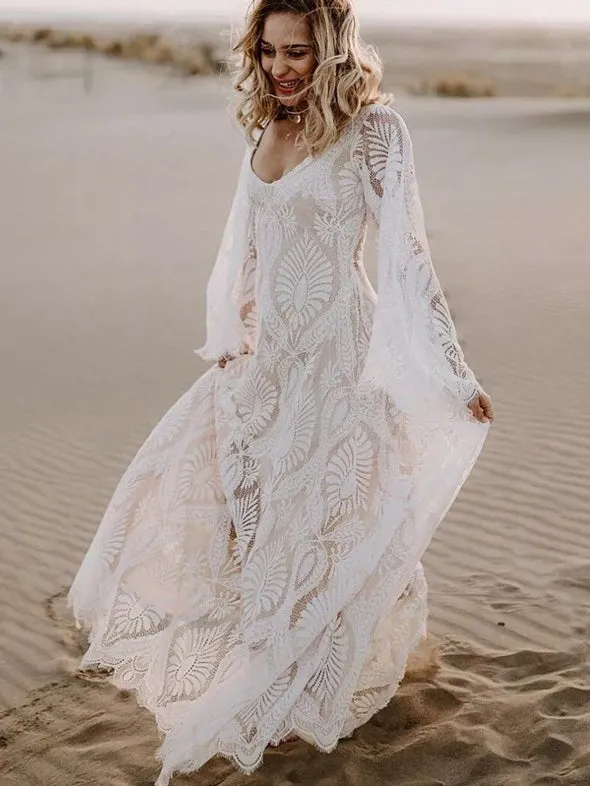 Lace Ivory Beach Wedding Dress Long Sleeve Bridal Dress FR005