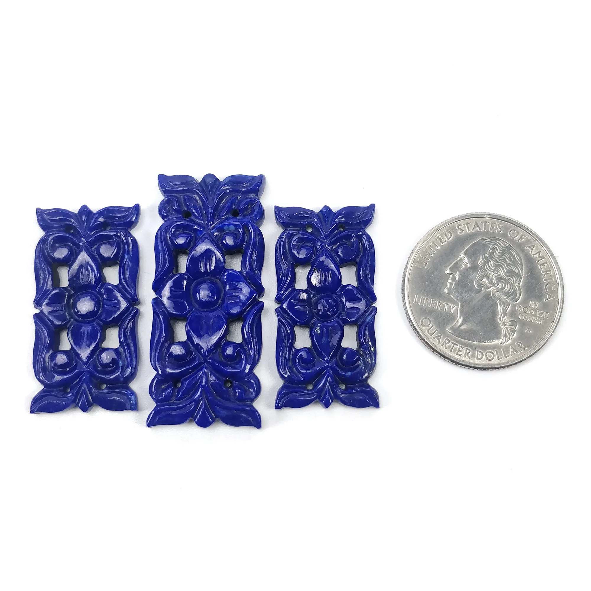 LAPIS LAZULI Gemstone Carving : 63.55cts Natural Untreated Blue Lapis Hand Carved Rectangle Shape 31.5*16mm - 39*17mm 3pcs