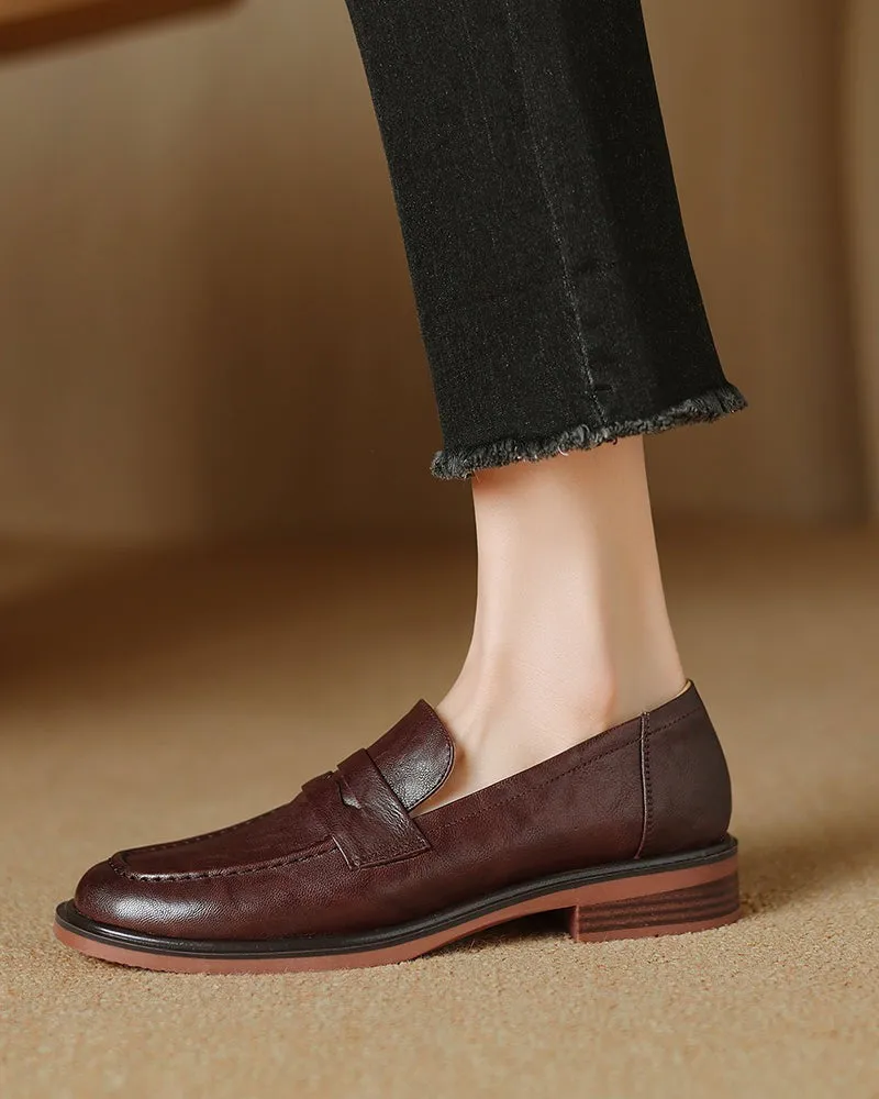 Leather Round Toe Flat Low Heeled Loafers