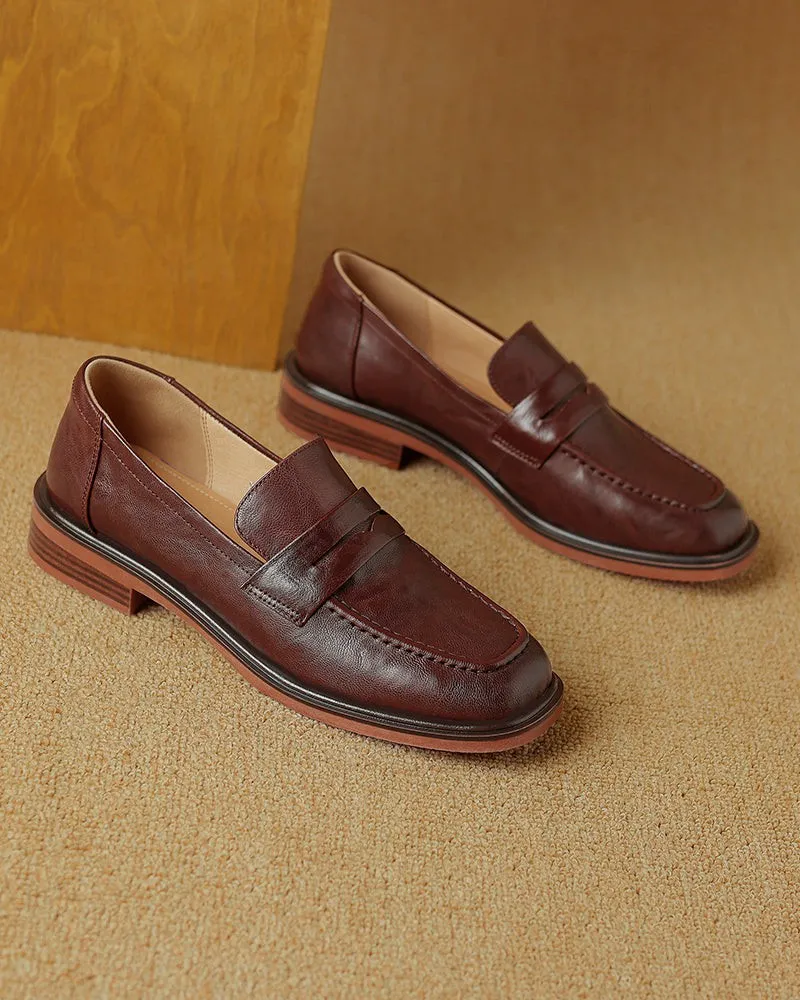 Leather Round Toe Flat Low Heeled Loafers