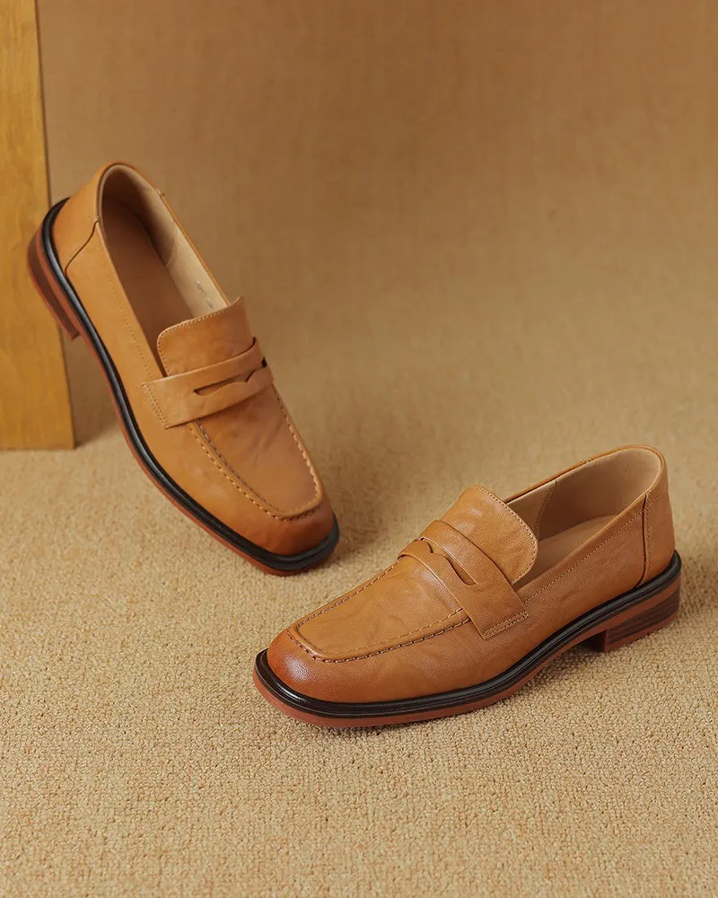 Leather Round Toe Flat Low Heeled Loafers