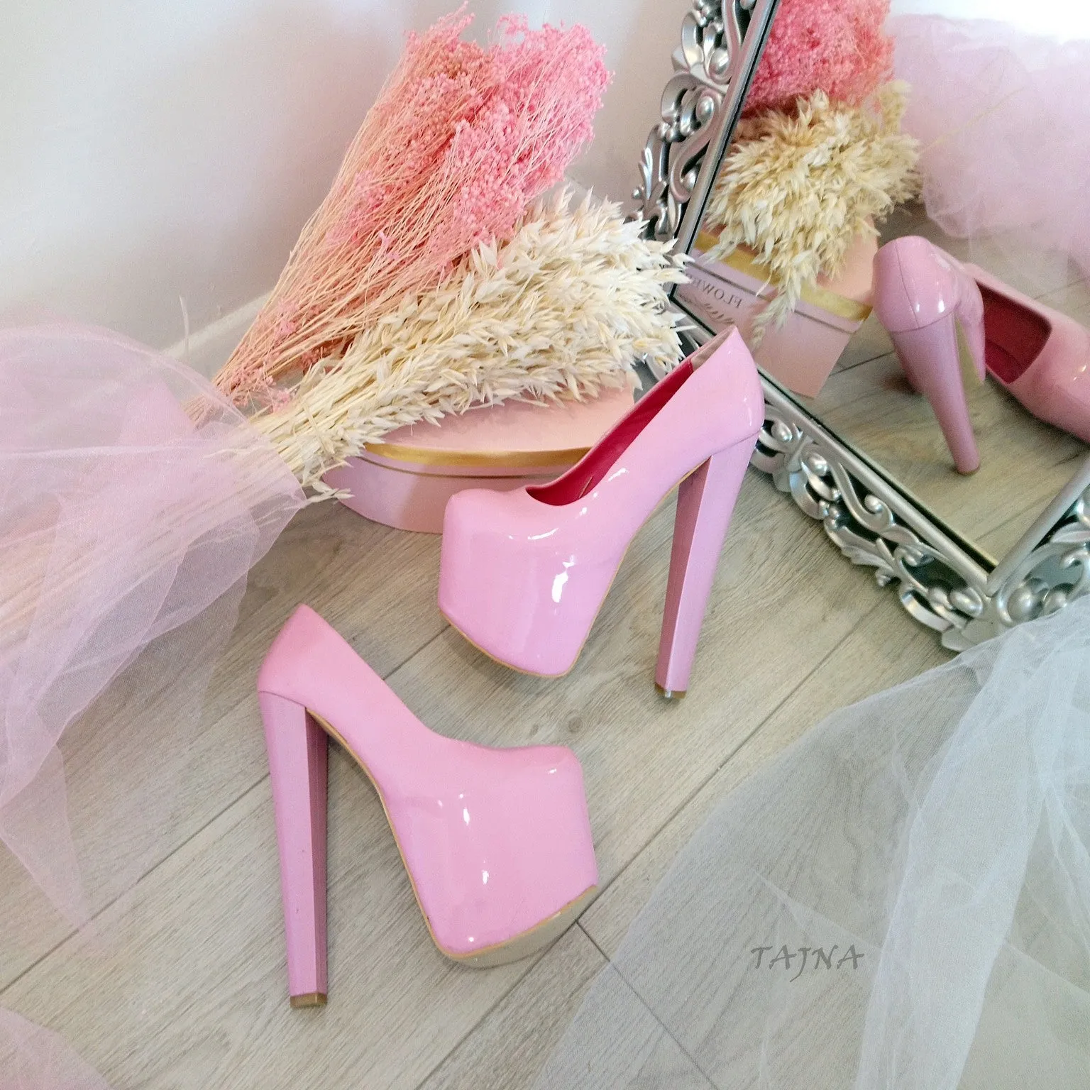 Light Pink Patent Leather 19 cm High Heel Platform Shoes