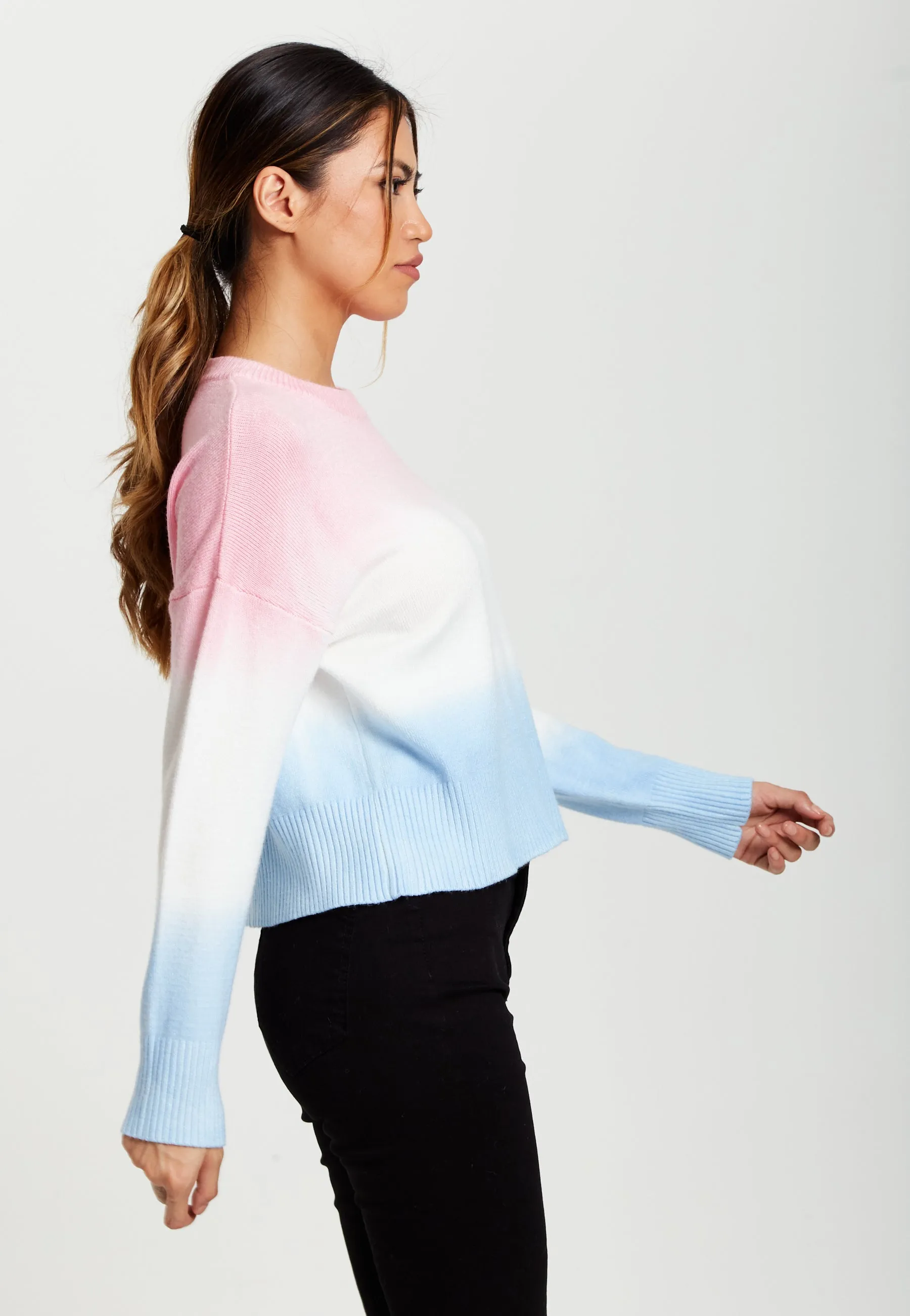 Liquorish Ombre Pattern Jumper In Pink, White And Blue