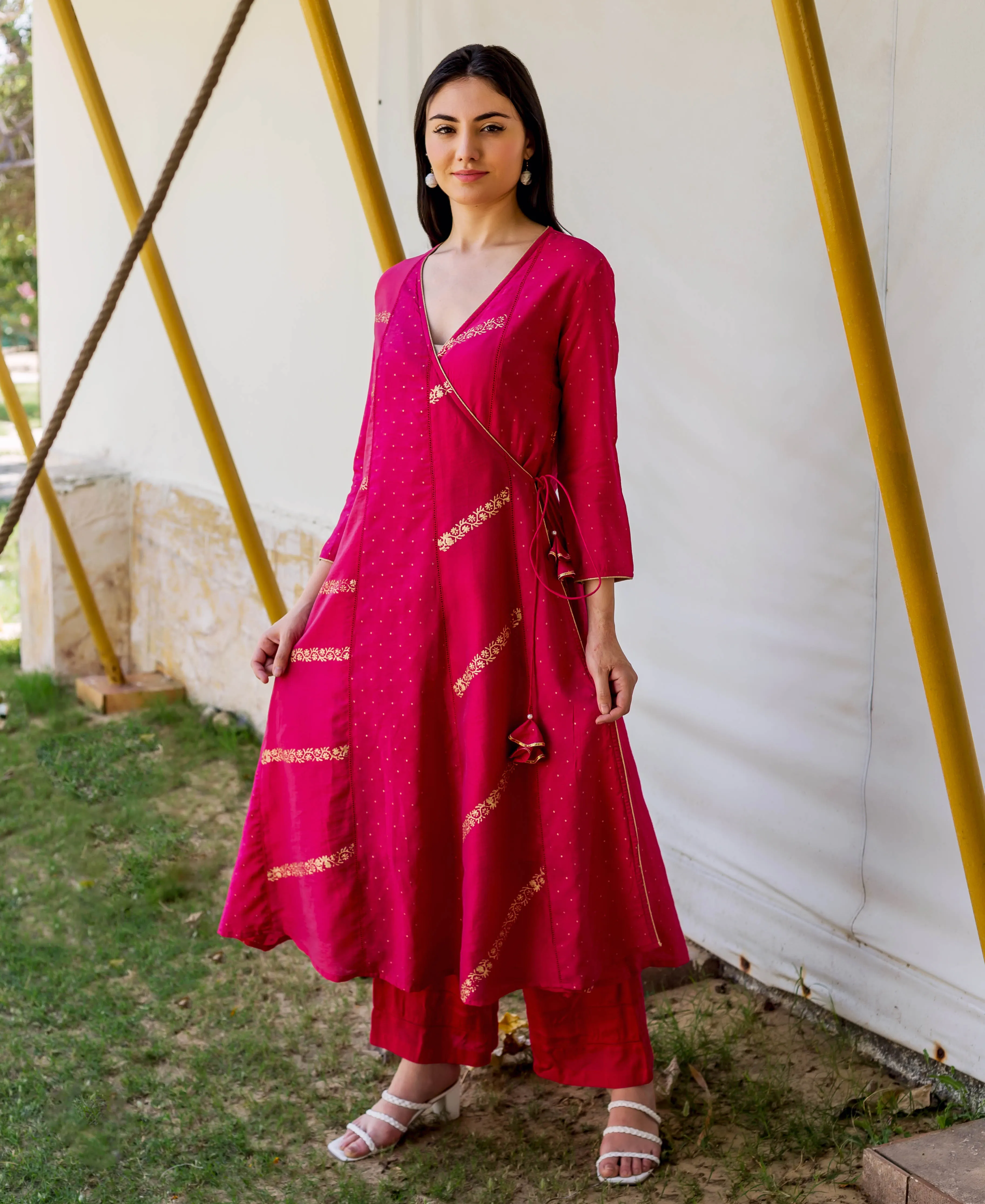 Magenta Gold Printed Angrakha Kurta