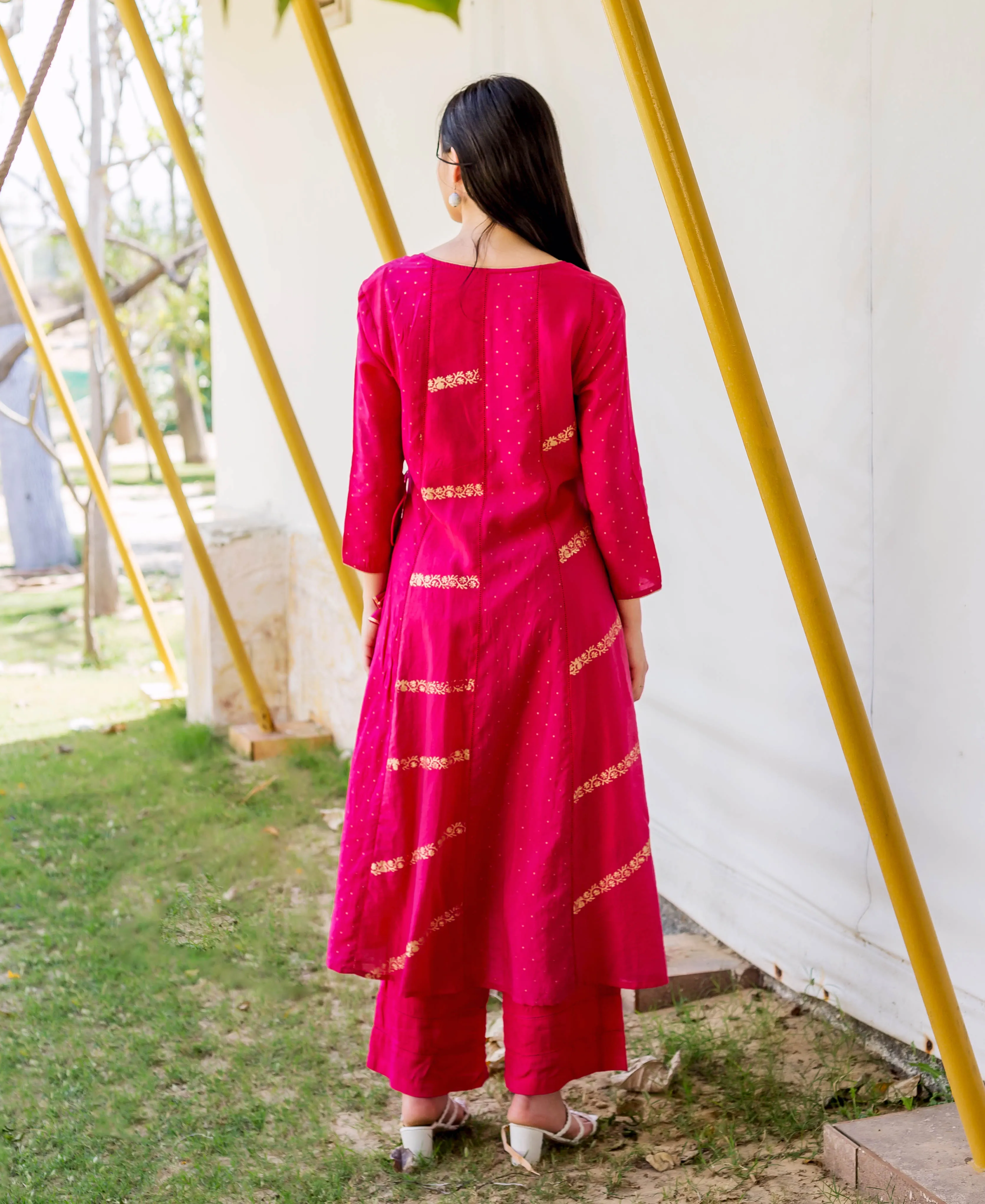 Magenta Gold Printed Angrakha Kurta