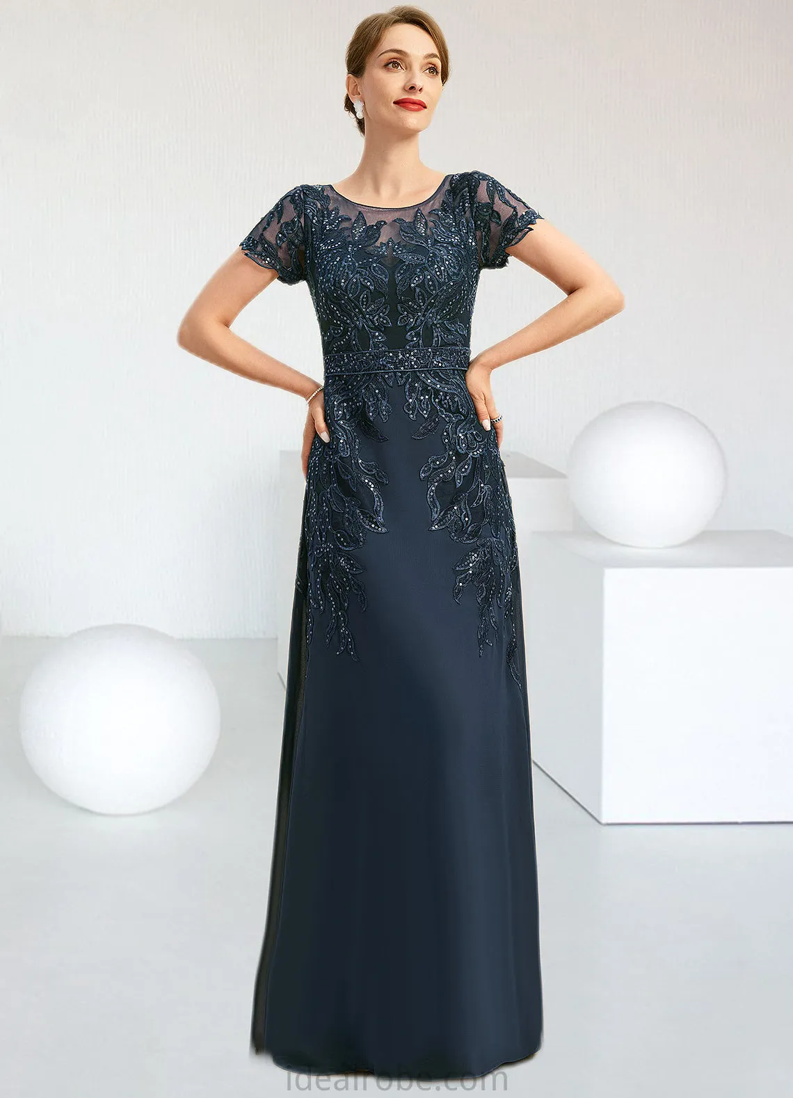 Maya Sheath/Column Scoop Illusion Floor-Length Chiffon Lace Mother of the Bride Dress With Sequins STKP0021709