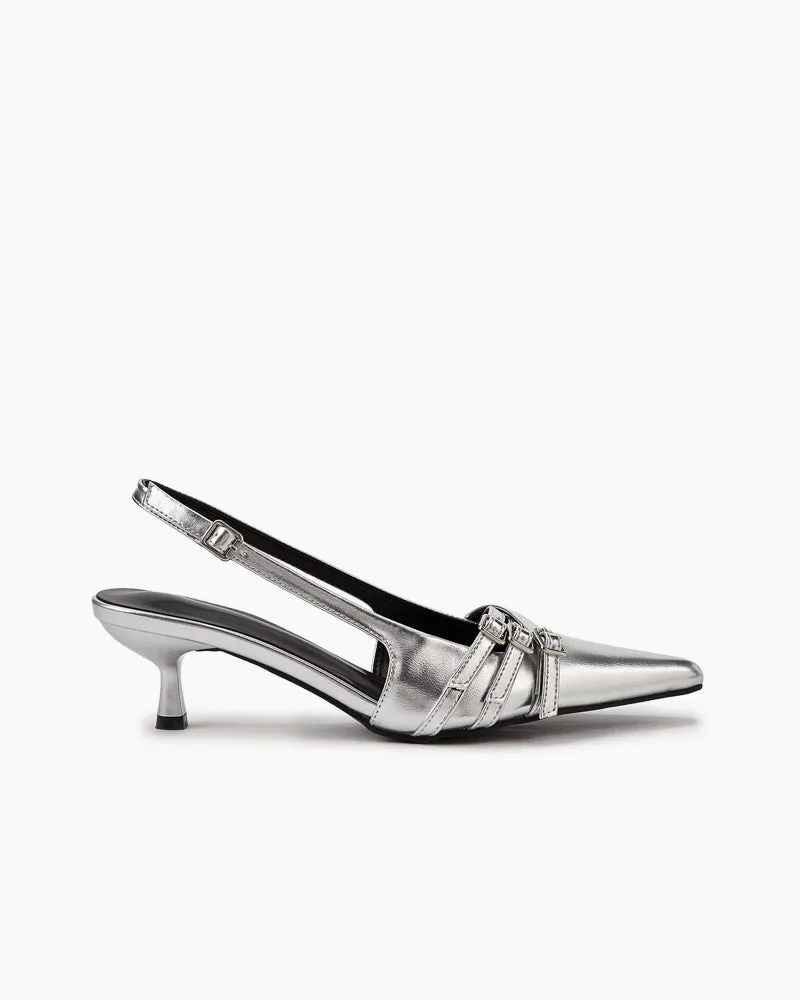 Metal Buckle Strap Patent Leather Kitten Heel Sandals