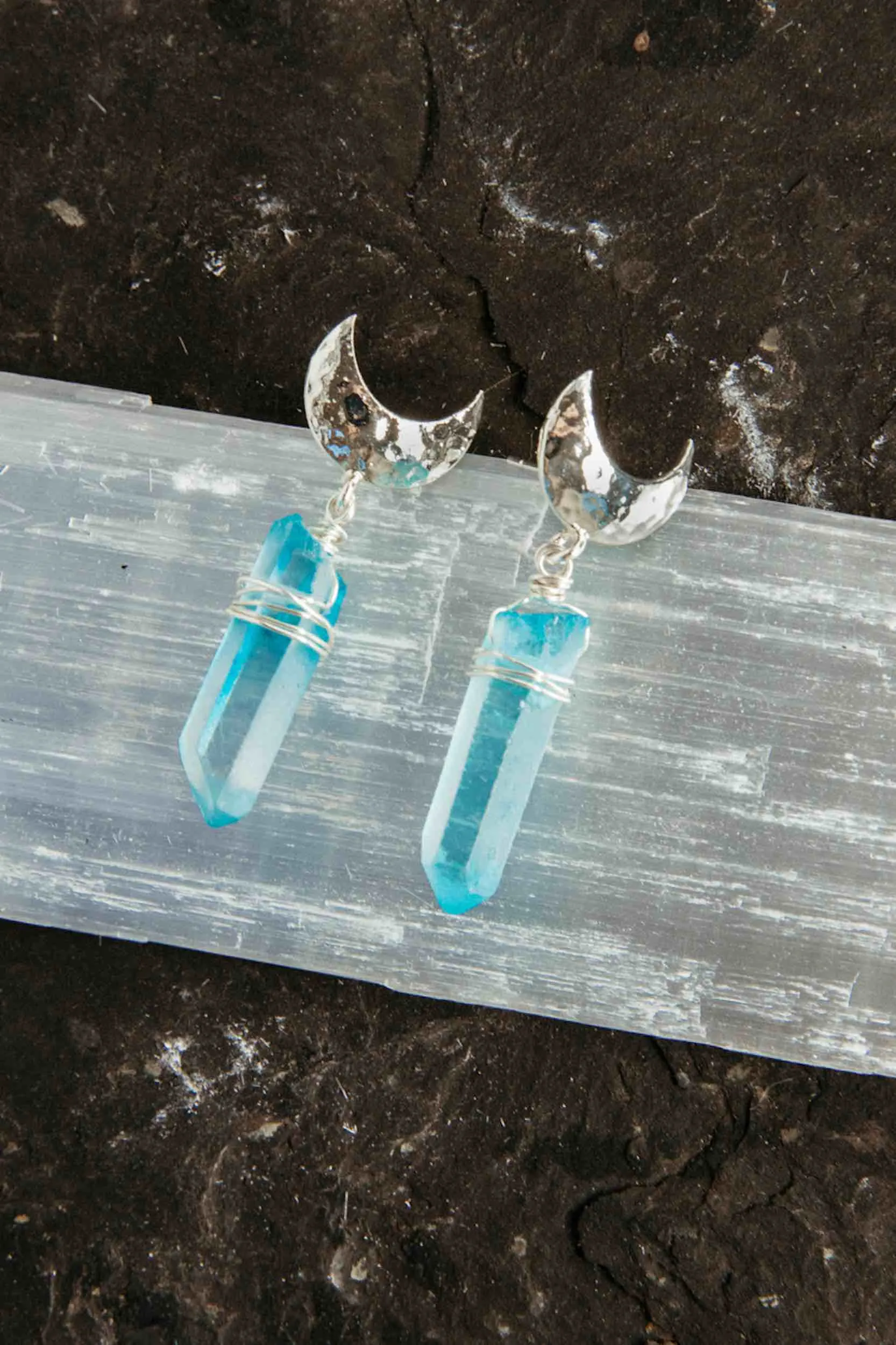 Moon & Ocean Aura Quartz Crystal Earrings