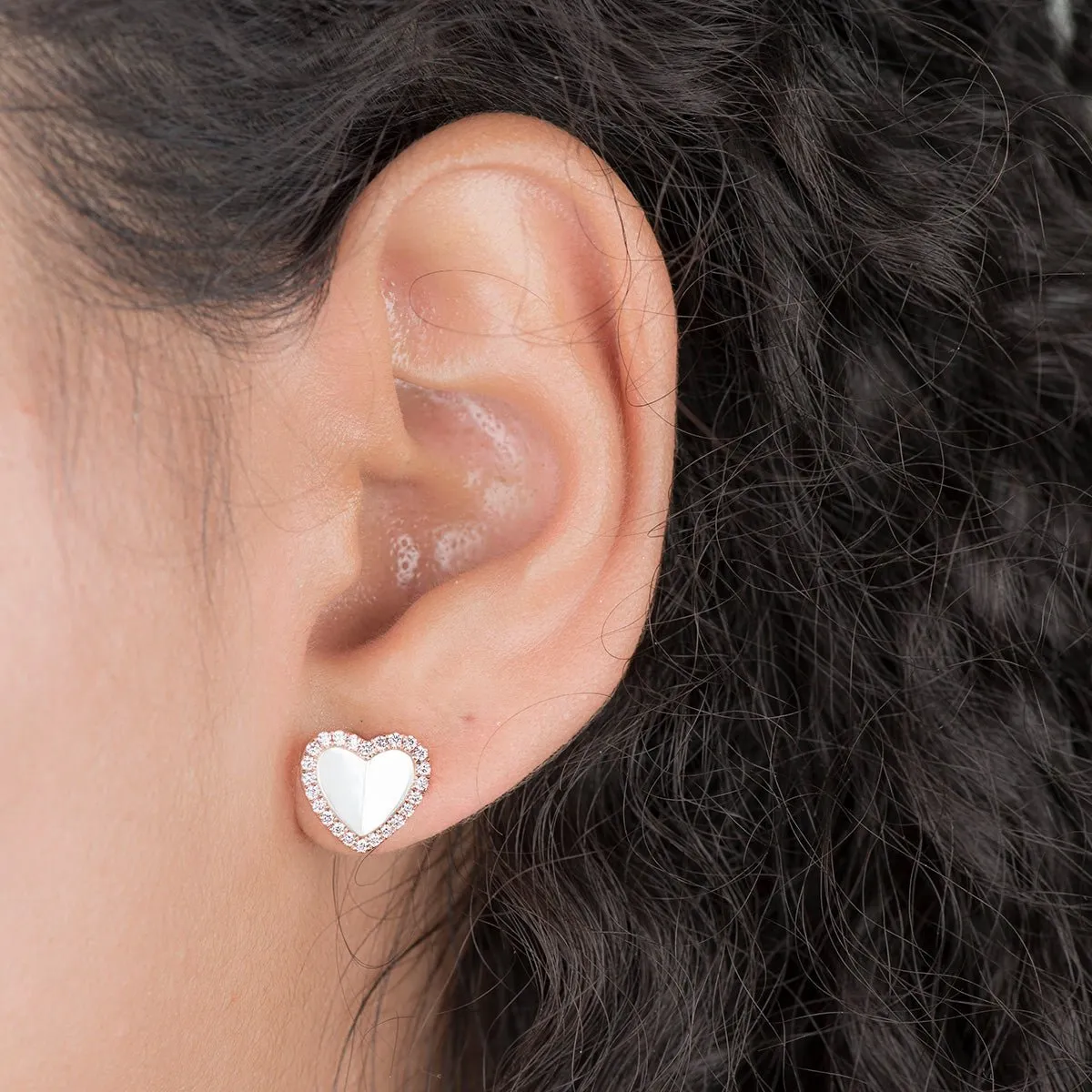 Mother of Pearl Heart with Diamond Halo Earrings