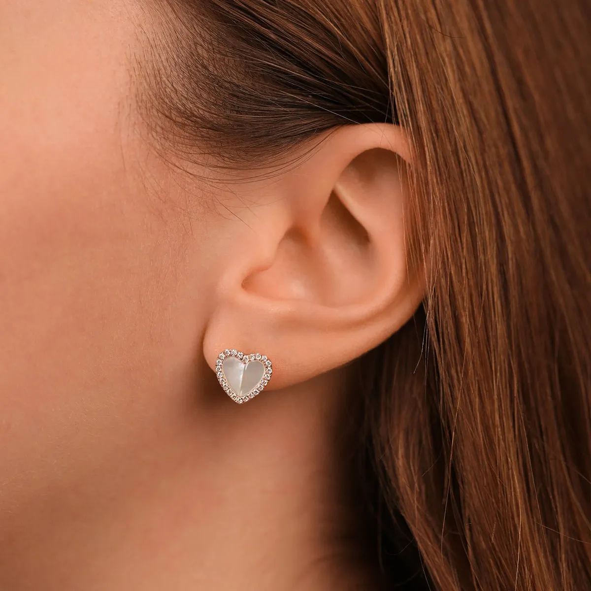 Mother of Pearl Heart with Diamond Halo Earrings