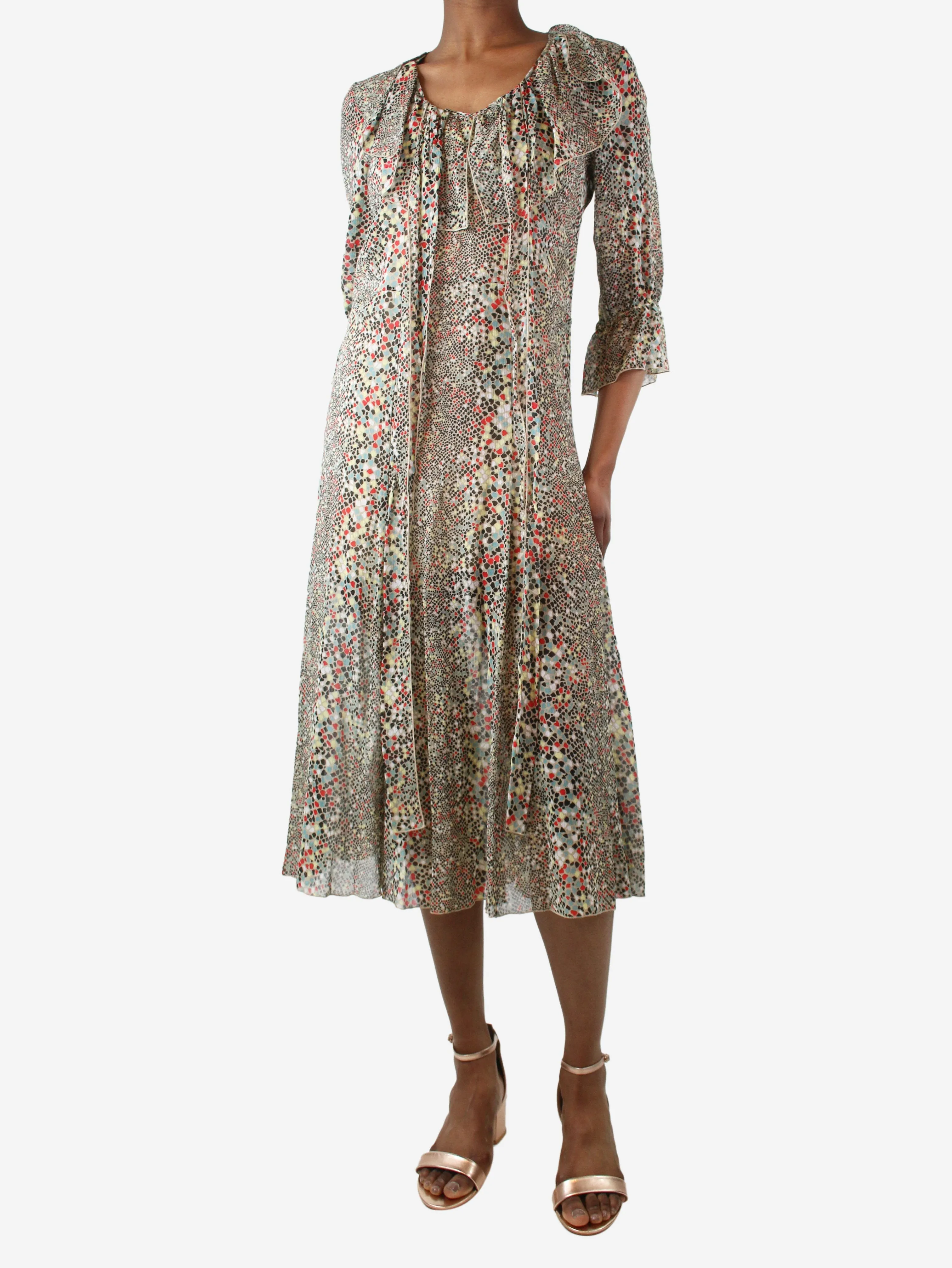 Multicolour printed neck-tie dress - size UK 6