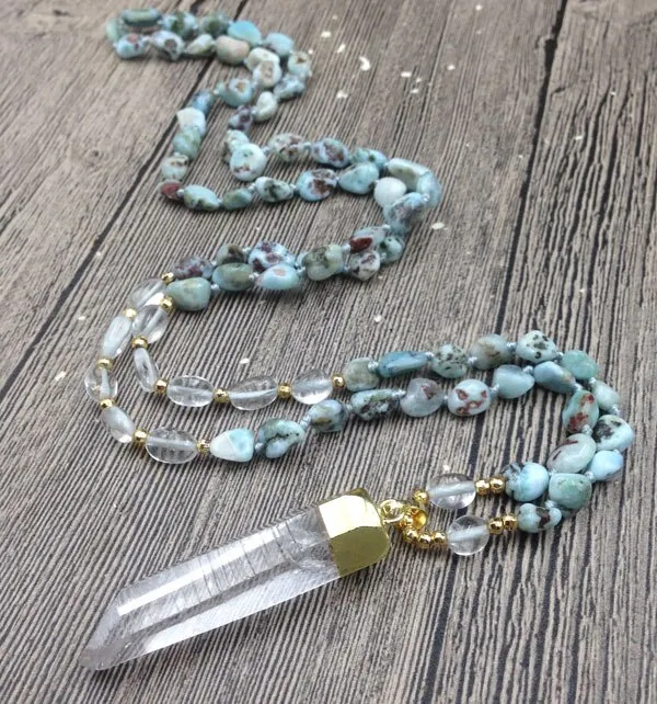 Natural Larimar Rough Clearpoint Quartz Nuggets Long Necklace