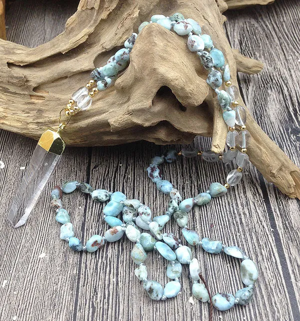 Natural Larimar Rough Clearpoint Quartz Nuggets Long Necklace