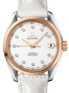 OMEGA SEAMASTER AQUA TERRA 150M OMEGA CO-AXIAL 38.5MM STAINLESS STEEL RED GOLD SILVER DIAL DIAMOND SET INDEX 231.23.39.21.52.001 WITH ALLIGATOR LEATHER STRAP