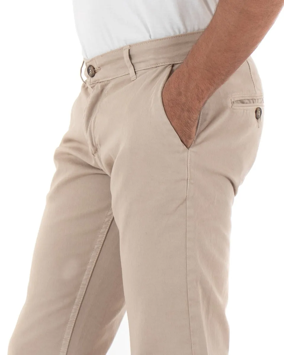 Pantaloni Uomo Tasca America Basic Cotone Elastico Beige Slim Classico GIOSAL-P5003A