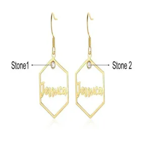 Personalized 1 Name And 2 Stones Hexagon Earrings