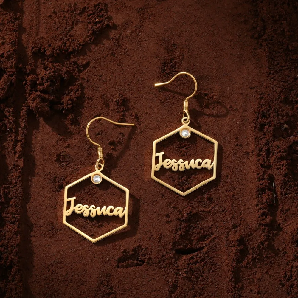 Personalized 1 Name And 2 Stones Hexagon Earrings