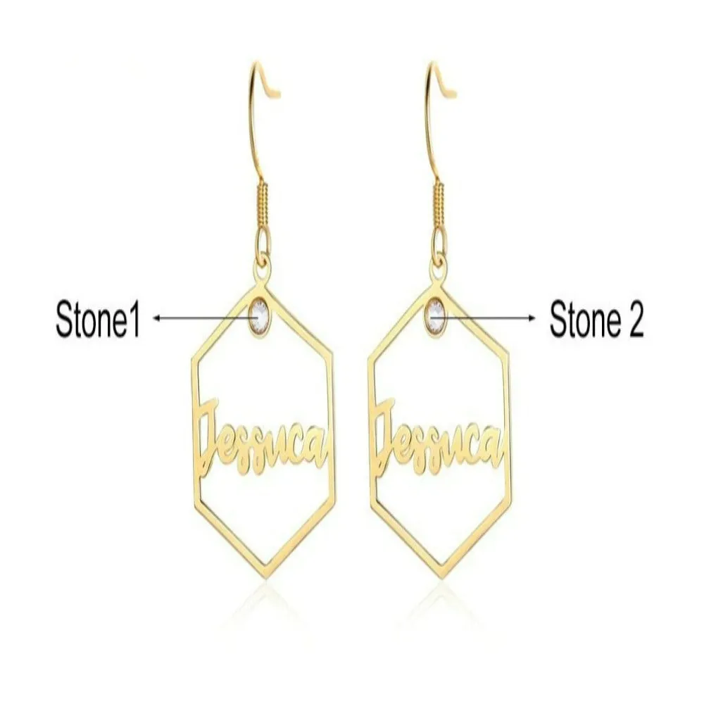 Personalized 1 Name And 2 Stones Hexagon Earrings