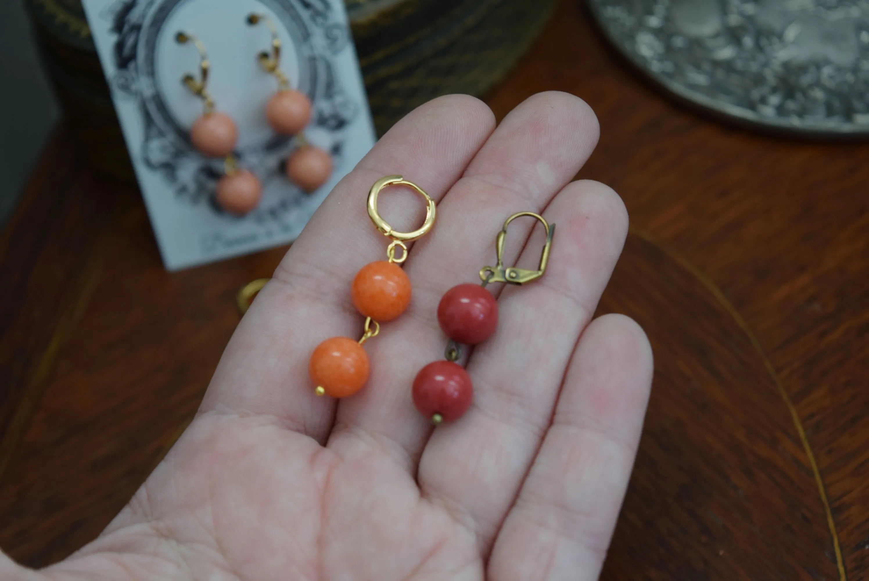 Pink Coral Earrings - Double Bead Hoop