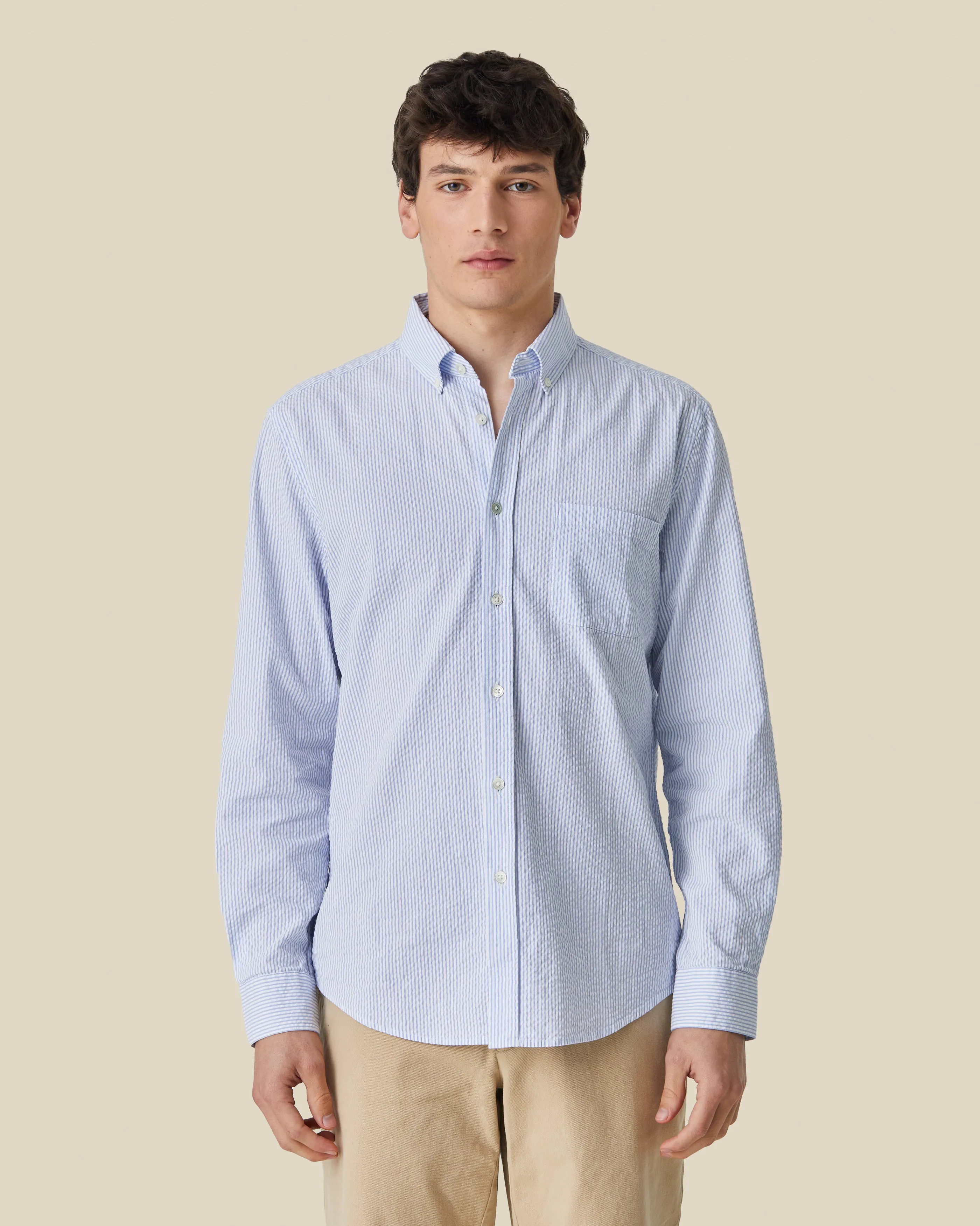 PORTUGUESE FLANNEL Atlantico Seersucker Stripe Blue Shirt