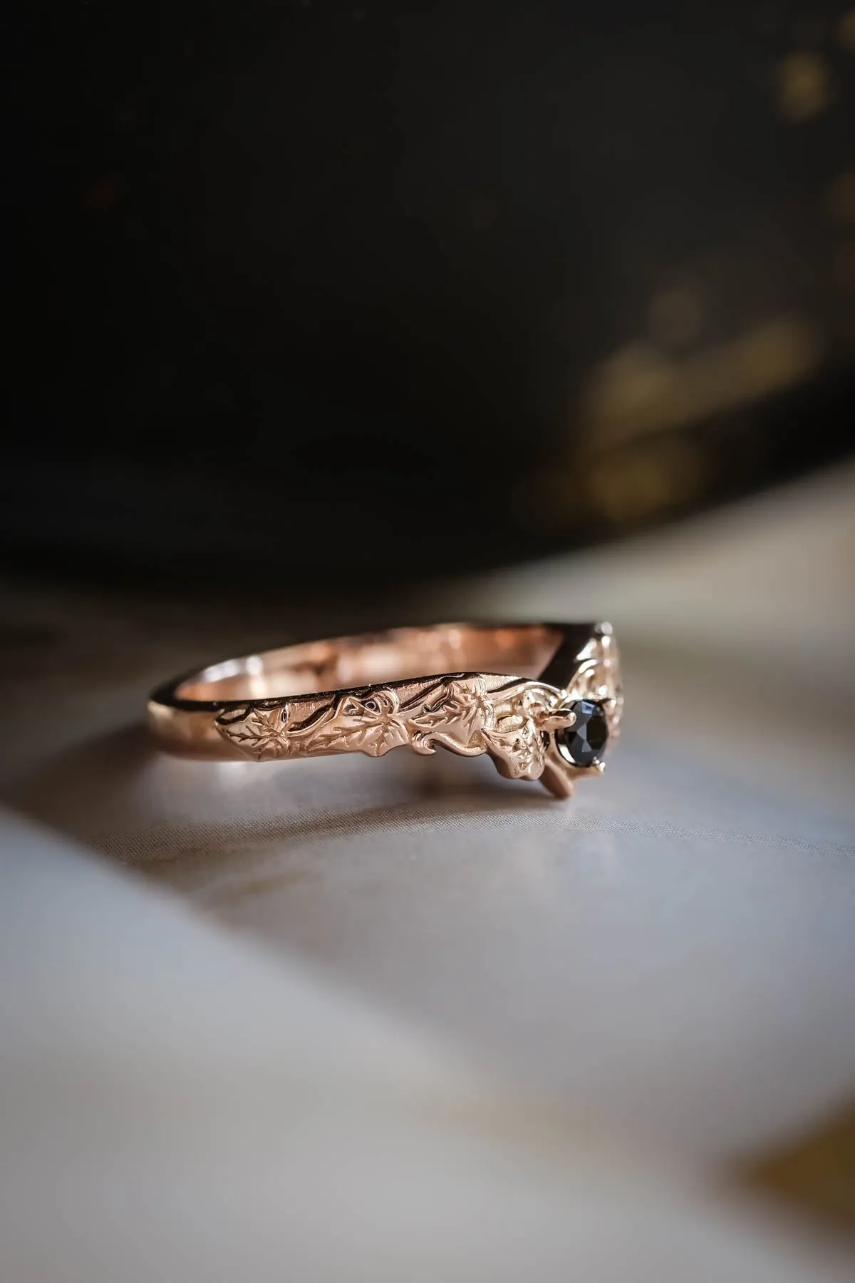 READY TO SHIP: Wedding band in 14K rose gold, natural black diamond, RING SIZE 7.75 US